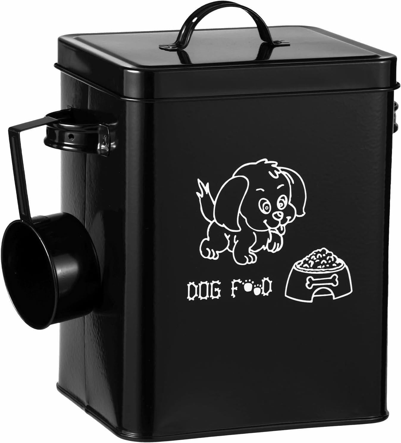 Fwqofvk Dog Food Storage Container, Metal Cat Food Storage Container, Good Sealing Square Dog Can with Lid and Spoon, Pet Chow Storage Canister Tin for Home 18&times;15.5&times;23Cm Black image number 1