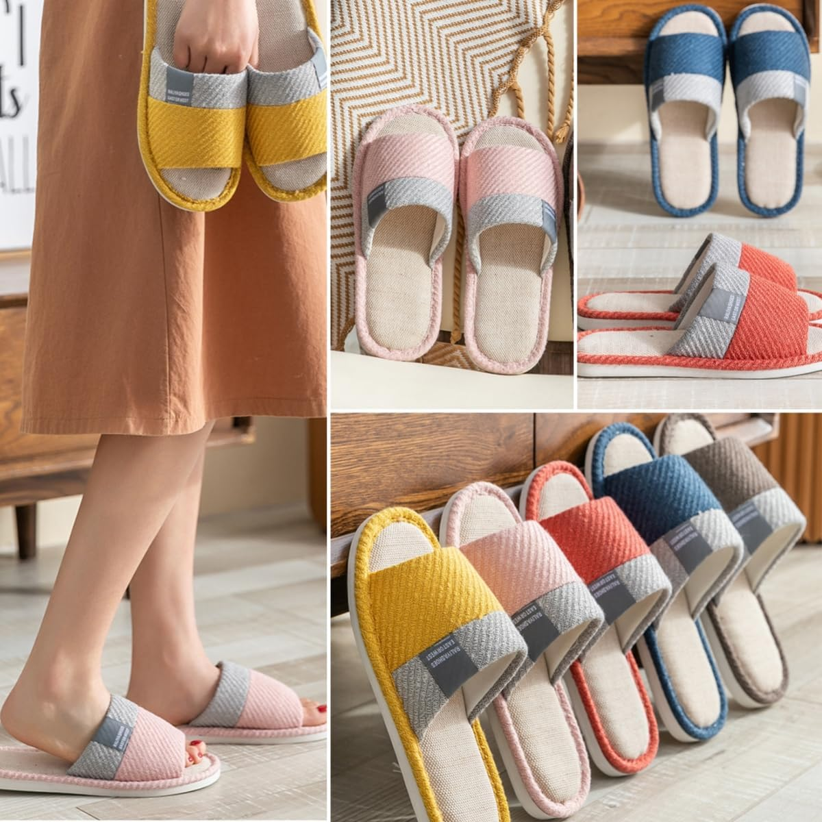 GEBUFAW Linen Slippers for Women Japanese Style Summer House Slippers Indoor Lightweight Open Toe Bathroom Slides Soft Sole Sandals for Home Use image number 3