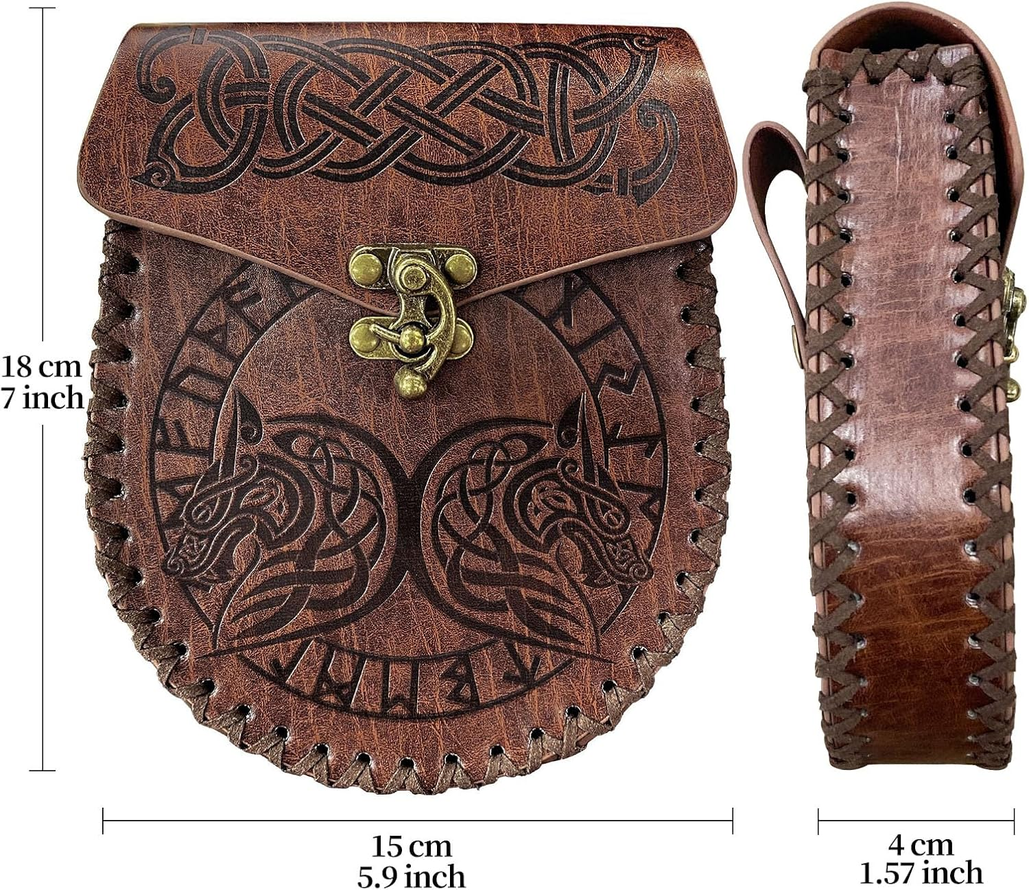 Retro Belt Pouch Coin Purse Waist Bag Medieval Viking Leather Belt Halloween Renaissance Costume Festival Cosplay Accessory (Black-Wolf), One Color, Brown-Wolf image number 6