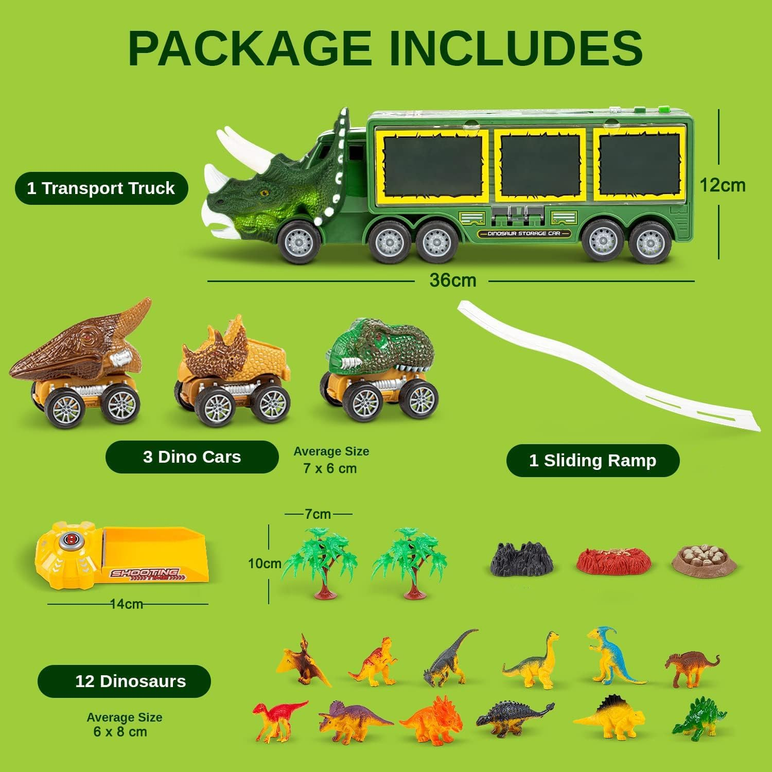 CKIKH Dinosaur Truck with 12 Small Dinosaurs and 3 Pull Back Cars Small Cars Set Birthday Toys for 3+ Year Old Boy Transport Carrier Truck for Toddlers over 3 Years (Green) image number 4