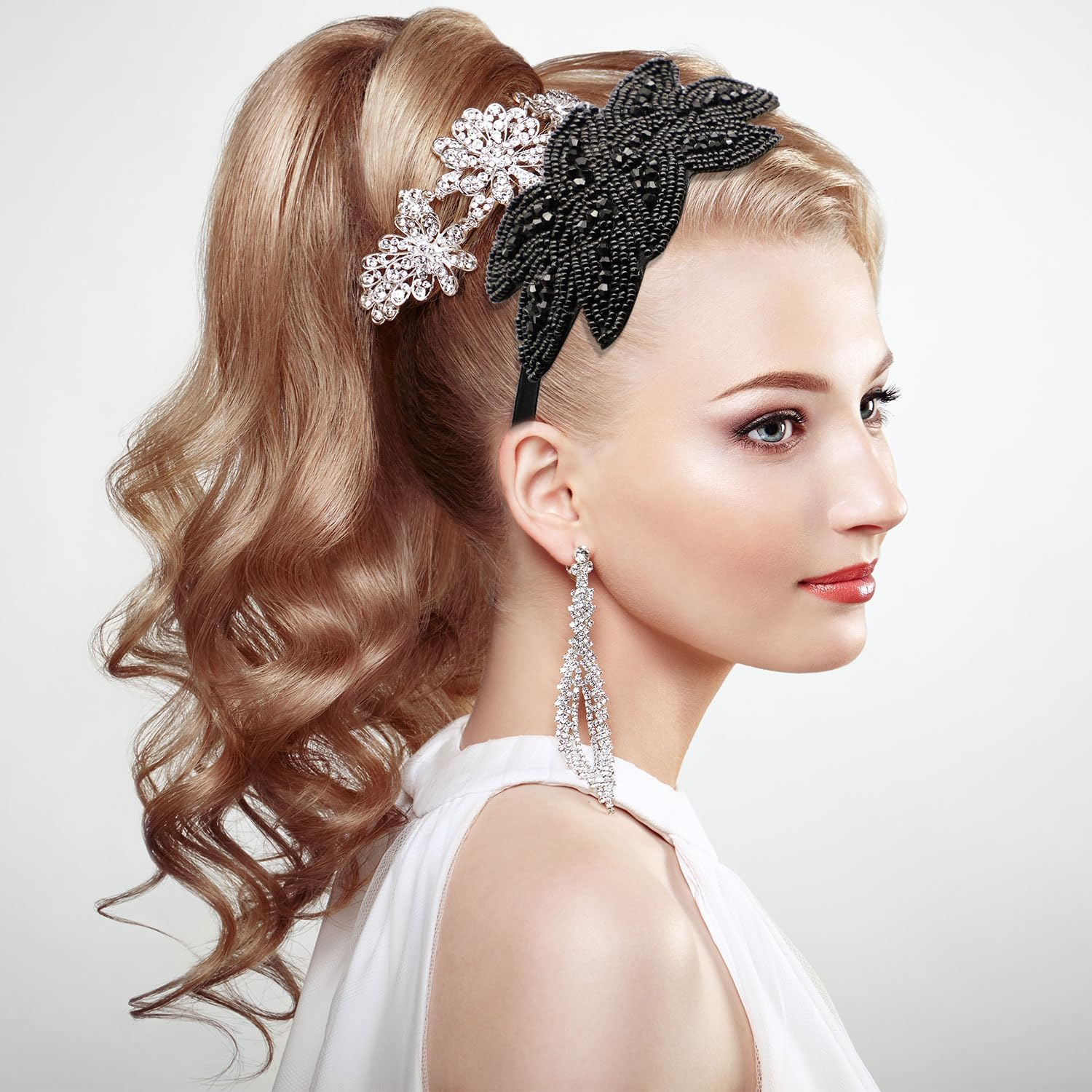 Dohia 1920S Headbands for Women 1920S Flapper Headbands Vintage Headpiece Rhinestone Beaded Leaf Hairband Hair Accessory D2-FGSJFG (Black) image number 1