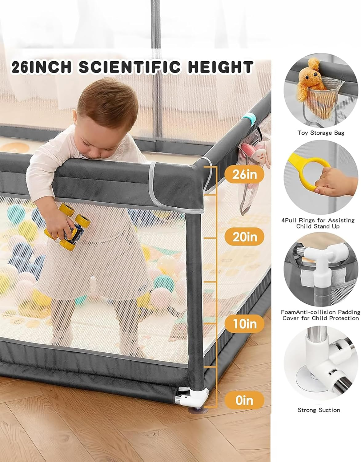 Extra Large Baby Playpen with Mat, Mankami 200 * 180Cm Baby Play Pen Yard for Babies and Toddlers Safety Baby Fence with Breathable Mesh Indoor & Outdoor Kids Activity Play Center image number 5