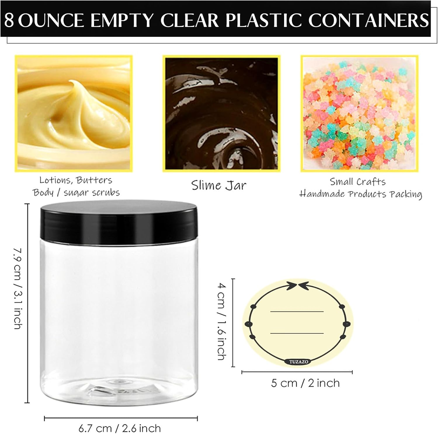 TUZAZO 8 Oz Plastic Containers with Lids and Labels BPA Free, Tuzazo Clear Empty Refillable Plastic Jars for Cosmetics, Lotions, Body Butters, Bath Salt & Beauty Products(12 Pack), Clear, 8 Oz