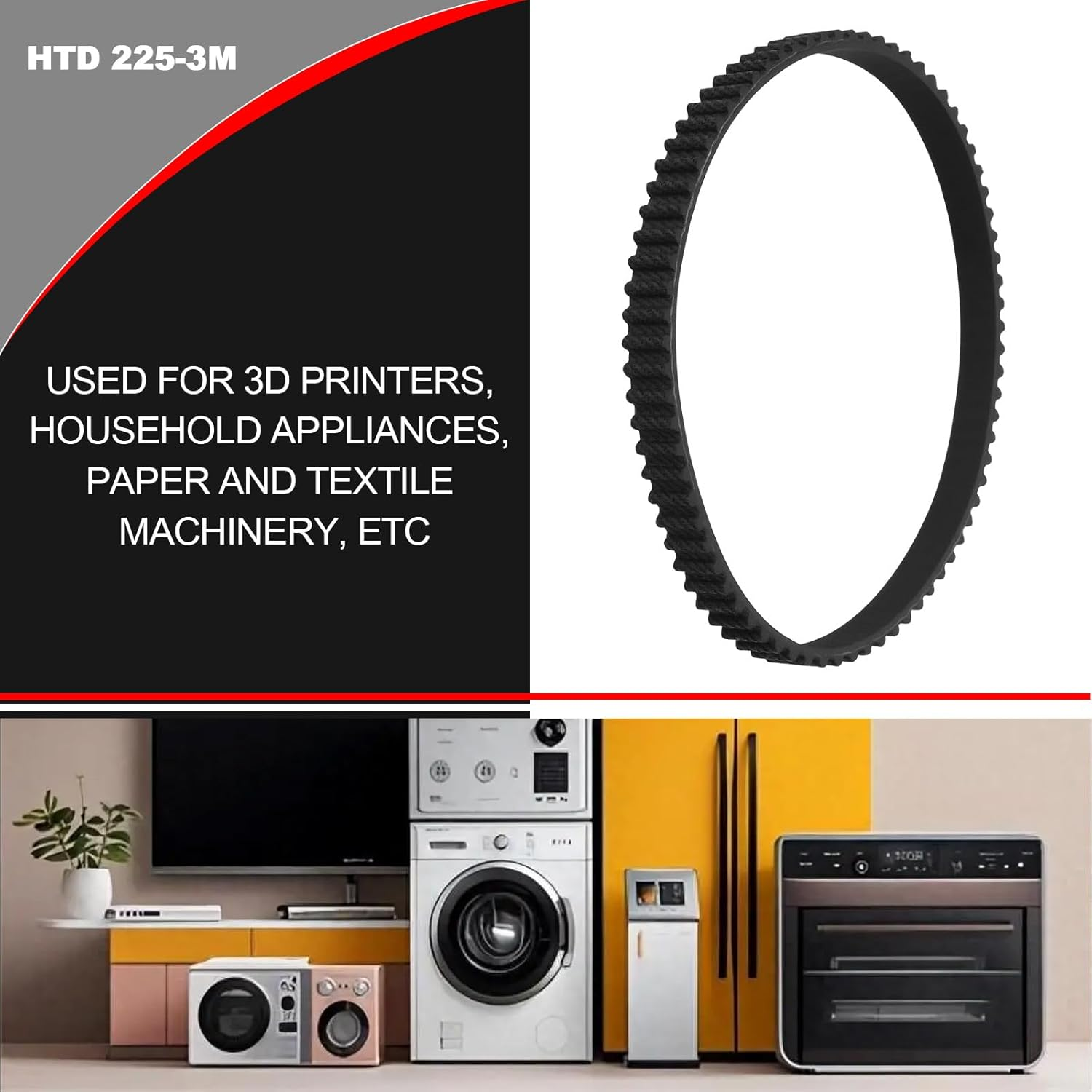 YINETTECH 4PCS HTD 225-3M-6 Rubber Endless Timing Belt 75T 225MM Pitch Length X 6Mm Width Synchronous Drive Belts Closed Loop Pulley Timing Belt image number 6