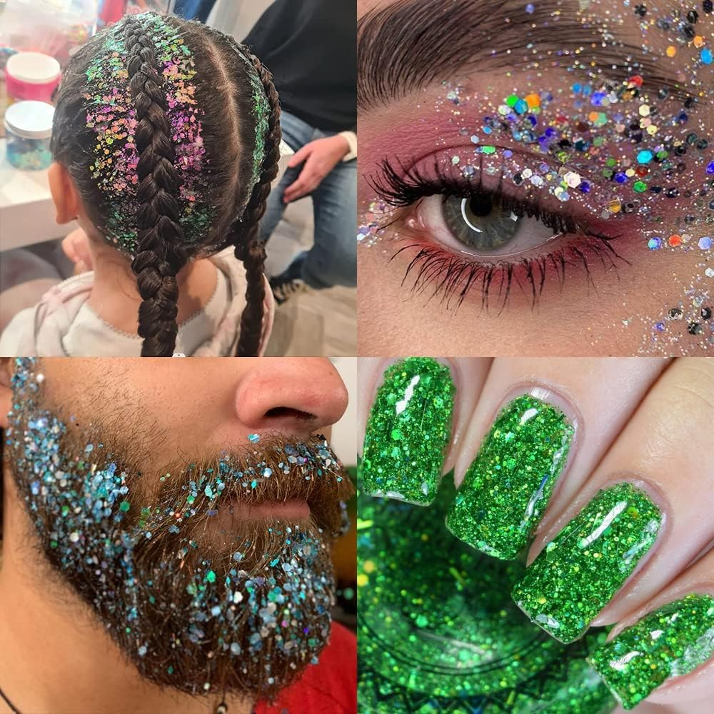 Holographic Chunky and Fine Glitter Mix, 45 Colors Festival Sequins & Powder, Iridescent Flakes, Cosmetic Face Body Eye Hair Nail Art Resin Tumbler Loose Glitter image number 1