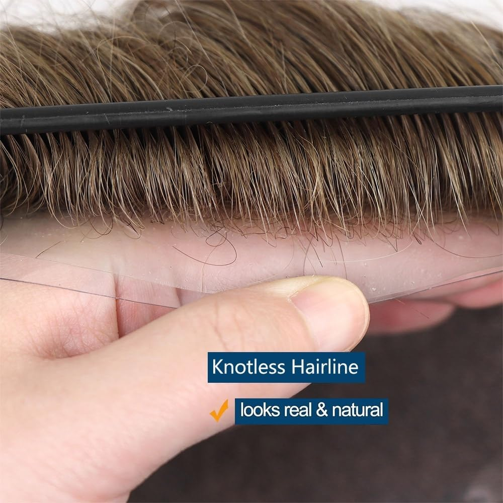 Replacement 0.08Mm Thin Skin Human Hair Men Toupee 18# Color Full PU Base Hairpiece Male Capillary Prothesis Systems image number 2