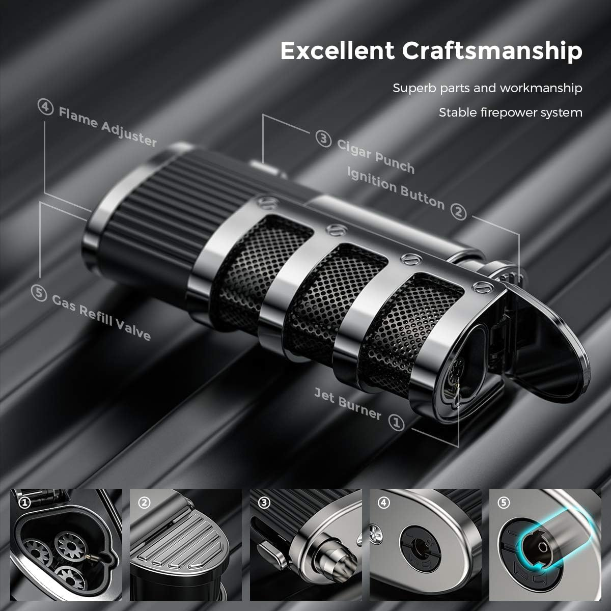 Triple Jet Flame Lighter Windproof Butane Turbo Torch Gas Lighter Refillable with Punch Cutter and Gift Box (Sold without Gas) image number 6