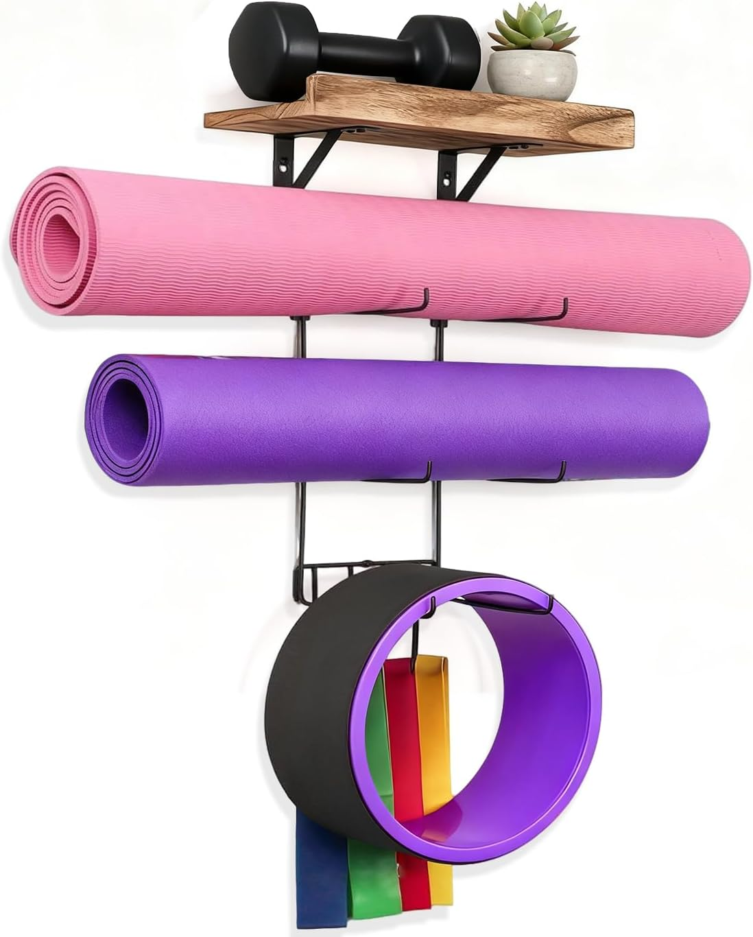 4-Tiers Wall-Mounted Yoga Mat Holder, All-In-One Organizer with Shelf & Hooks for Foam Roller, Resistance Bands | Carbonized Black image number 2