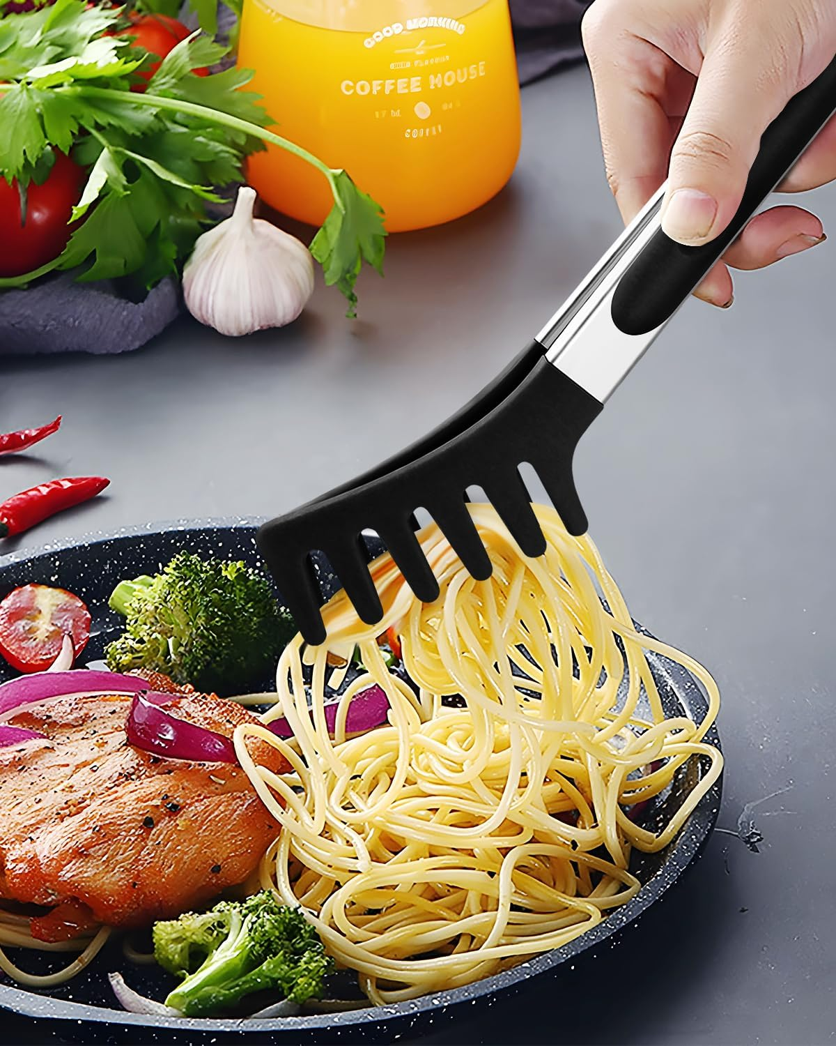 Spaghetti Spoon and Pasta Tong, Non-Stick Silicone Spoon Server Fork with Teeth and Stainless Steel Handle Spaghetti Tong, Food Clip for Spaghetti Noodle (BLACK) image number 5