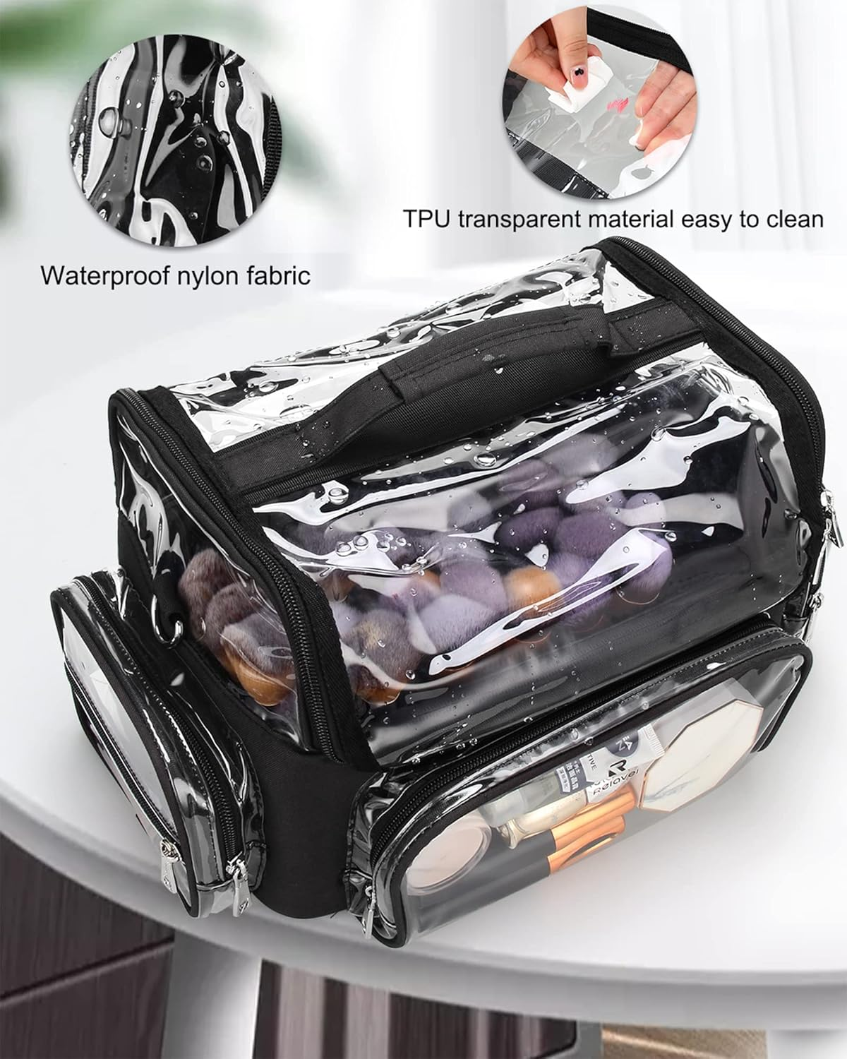 Makeup Brush Case, Extra Large Makeup Brush Holder Professional Makeup Artist Travel Case Clear Waterproof Cosmetic Organizer Bag, Full Open Easy to Access, with Adjustable Strap and Dividers