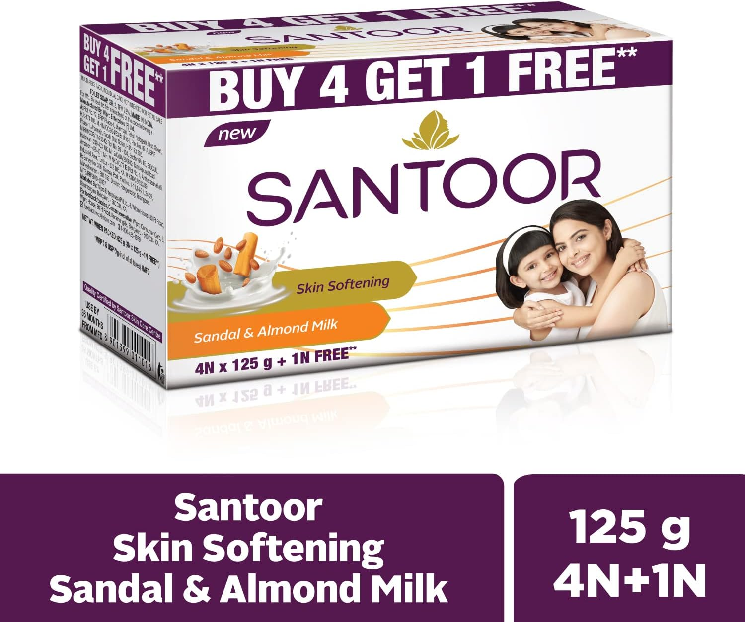 Santoor Sandal and Almond Milk Soap 125G (Pack of 5)(Free) image number 3