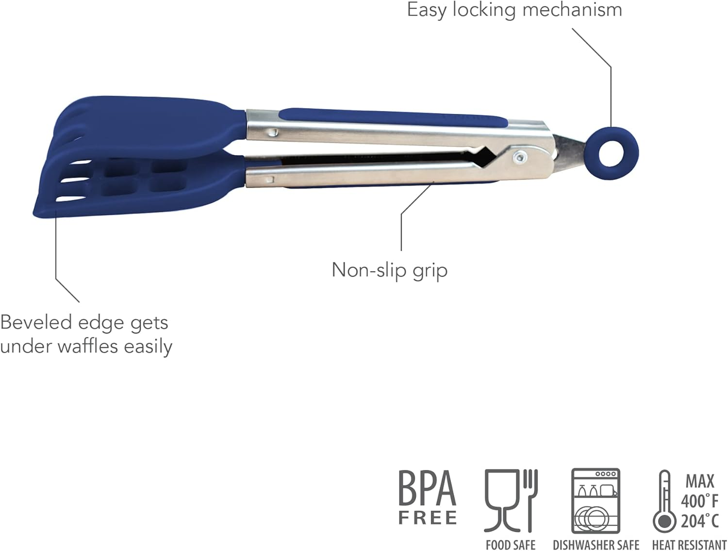 Tovolo Easy-Grip Mini Non-Slip Stainless Steel Handle, Heat-Resistant Silicone Heads, Kitchen Tongs for Cooking Waffles & Breakfast, Deep Indigo Blue image number 1