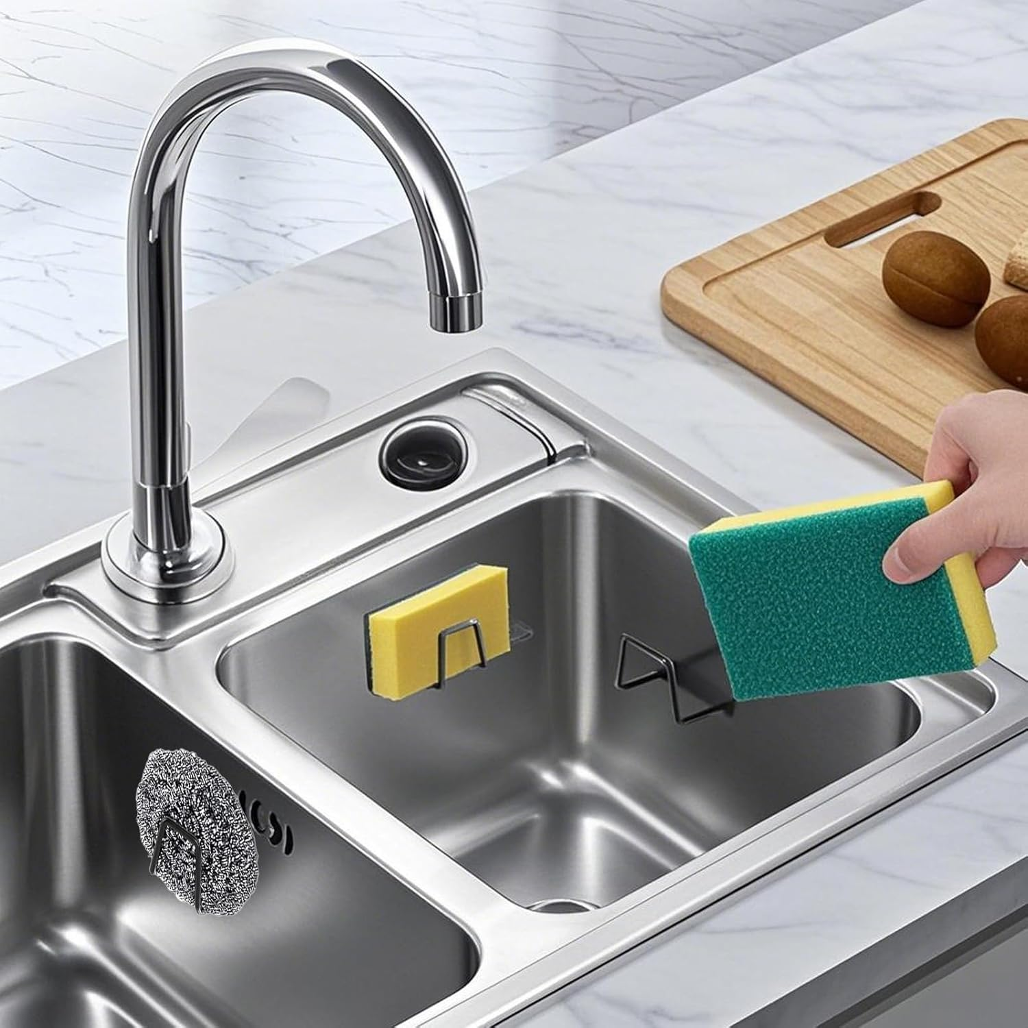 2 Pack Sponges Holders for Kitchen Cleaning, Dishwashing Sponge Drying Hooks under Sink Caddy Hanging Organizer Accessories (Black) image number 6