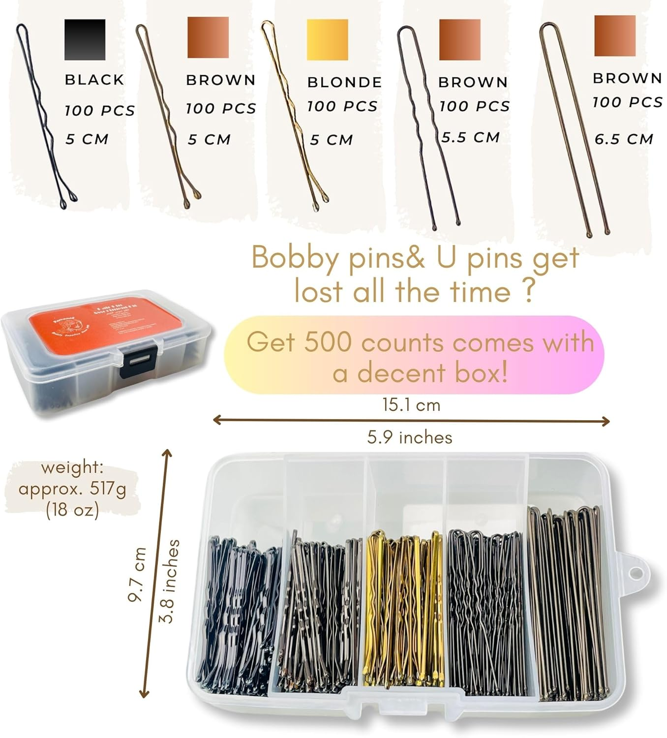 Parvaneh Bobby Pins&Hair Pins with Box,500Pcs,U Shaped Hair Pins Set for Women,300 Bob Pins&200 U Pins,Hair Accessories Set for Hair Stylist,Blonde,Black,Brown Hair Grips,Assorted Sizes image number 1
