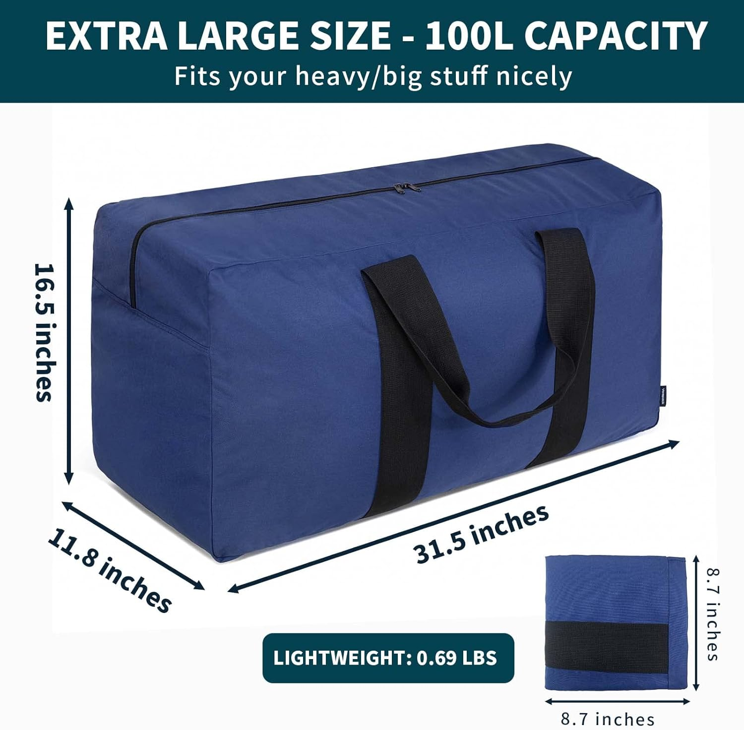 Vorspack Extra Large Duffle Bag for Travel - 100L/150L/200L Duffel Bag for Men Gear Bag for Storage Camping Overnight, Blue, 100L image number 5