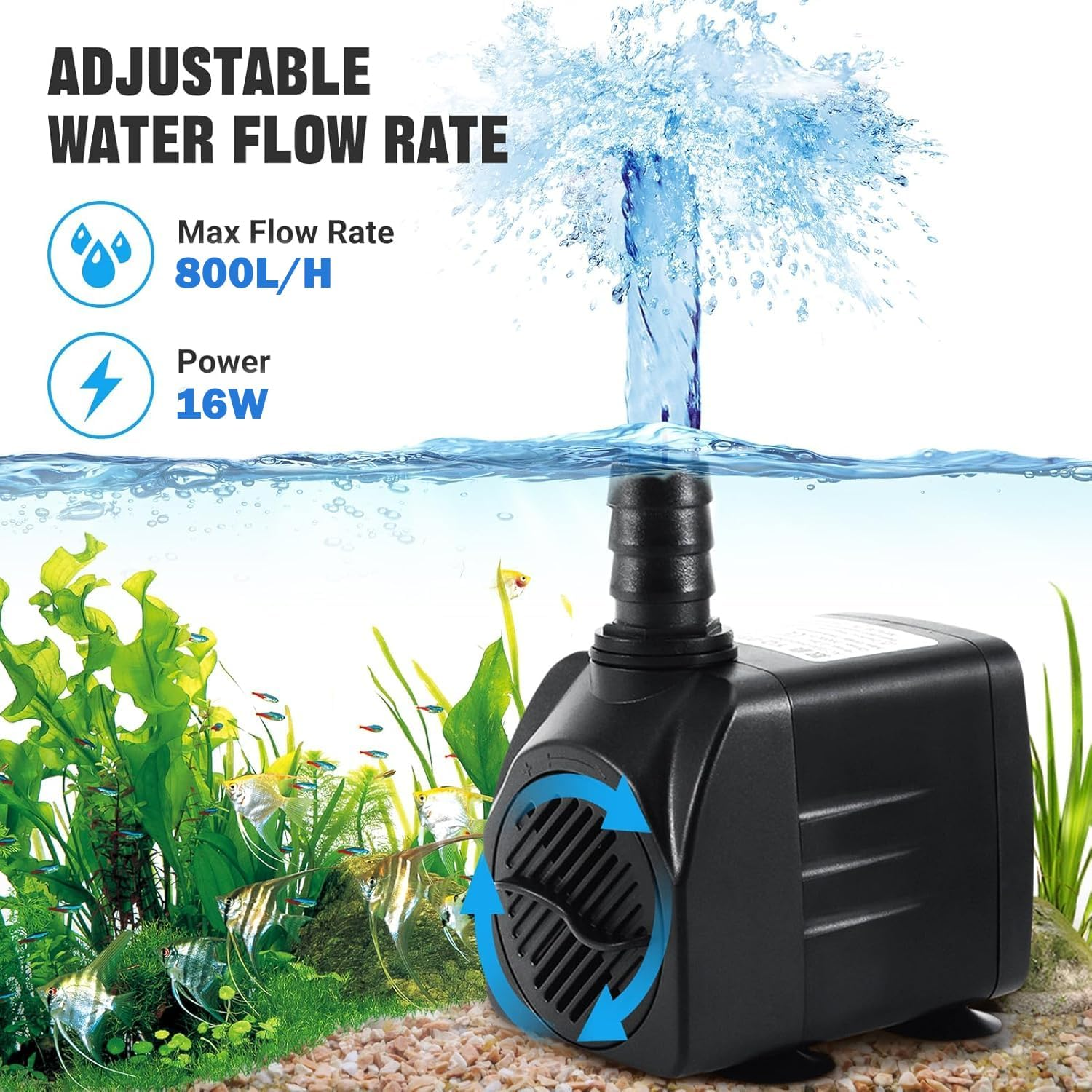 Submersible Pump, 800L/H 16W Aquarium Submersible Water Pump, Pond Pump, Ultra Quiet Adjustable Water Pump for Gardening, Fish Tanks, Gardens, Fountains,Aquarium, Fountain, Statuary, Hydroponics. image number 4