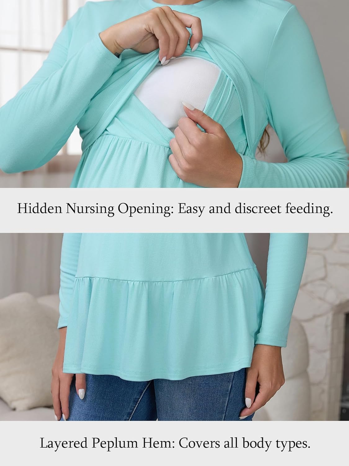 Cheibear Womens Nursing Top Ruffle Pleated Long Sleeve Tunic Rayon Postpartum Breastfeeding Shirt Pregnancy Clothes Blue Small
