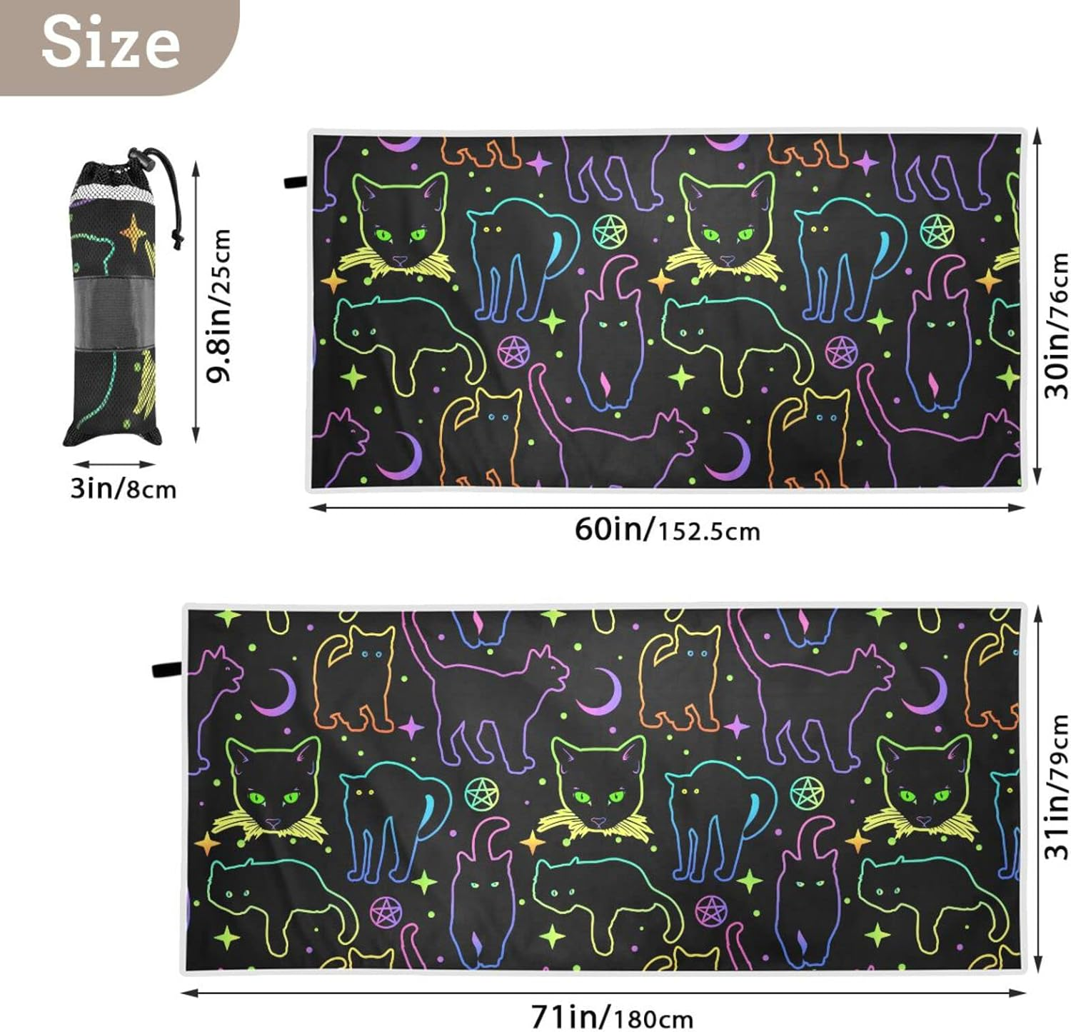 AIXIWAWA Neon Line Cats Travel Beach Towel Oversized for Women Men, Sand Free Super Absorbent Quick Dry Pool Towels Beach Blanket for Swimming Pool Beach Gym 30&times;60 Inches