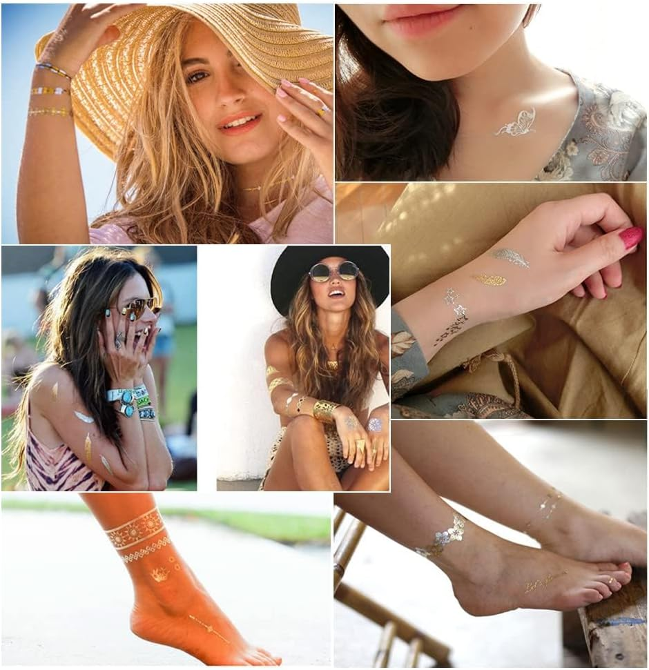 Temporary Tattoos - 5 Large Sheets Gold Silver Glitter Fake Tattoos, 80+ Color Flash Fake Waterproof Tattoo Stickers for Adults and Kids image number 4