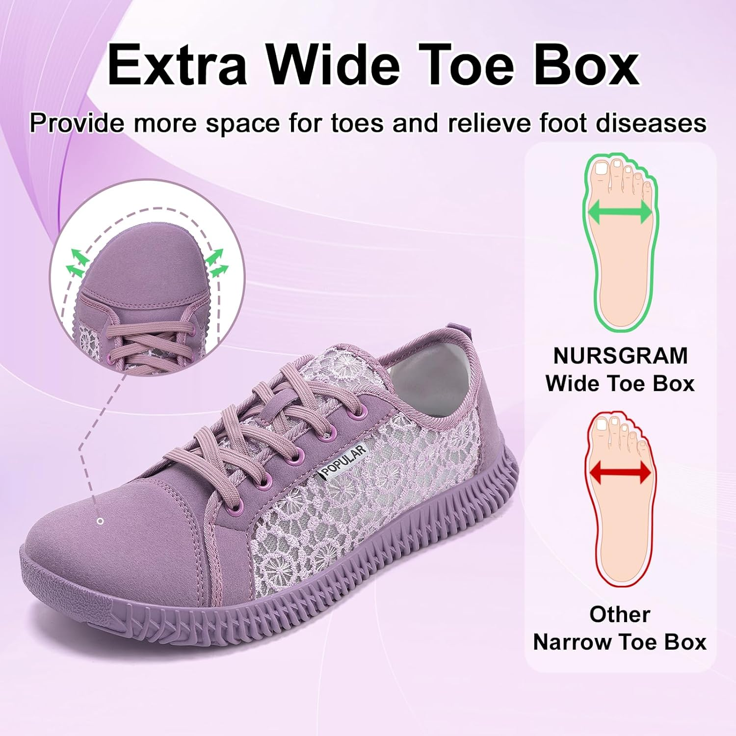 Nursgram Women'S Wide Toe Box Shoes Zero Drop Non Slip Extra Wide Width Fashion Sneakers Ultra Light Breathable Walking Shoes Casual Sneakers for Travel Work Trainers image number 6