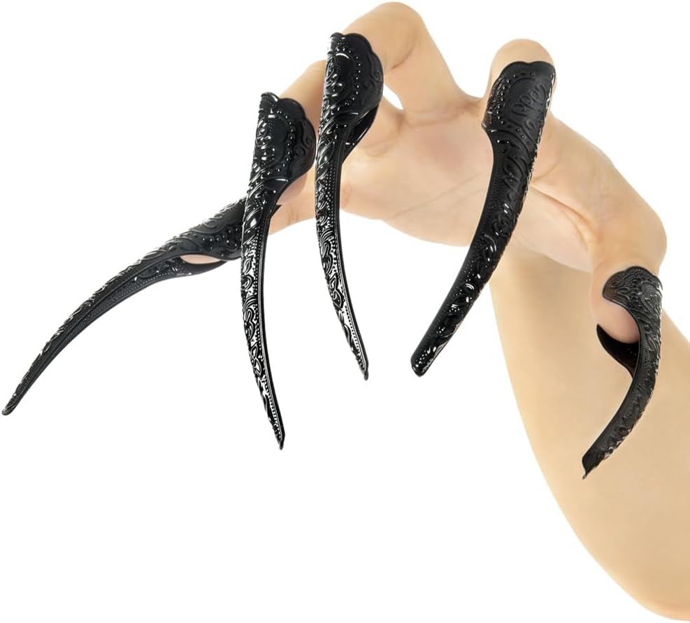 10 Pcs Long Finger Claws ,Cuff Design Adjustable Black Metal Nail Rings Extension,Halloween Articulated Hands Jewelry Fingertip, Cool Stuff Scary Vampire Demon Cat Cosplay Accessories Women Costume image number 2