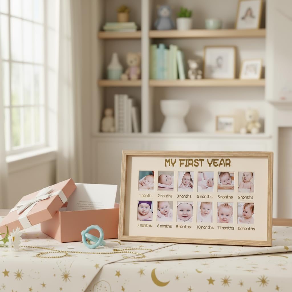 My First Year Photo Frame,12 Months Baby Picture Frame, Monthly Baby'S One Year Birthday Milestone for Baby Shower, New Mom Gift and Nursery Decor 37 &times;22&times;3Cm image number 6