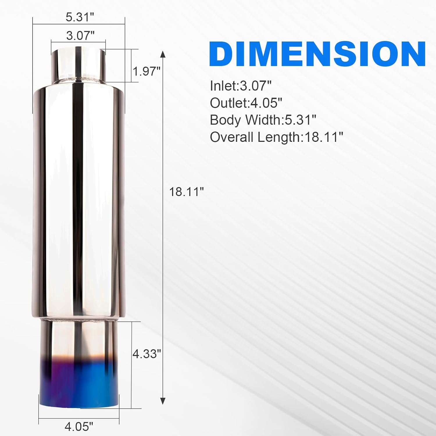 Yeoflagtrade 3.0 Inch Inlet 4.0 Inch Outlet Exhaust Muffler 3.0" to 4.0" Universal 18.5" Length Stainless Steel Polished Exhaust Tip Burnt Blue