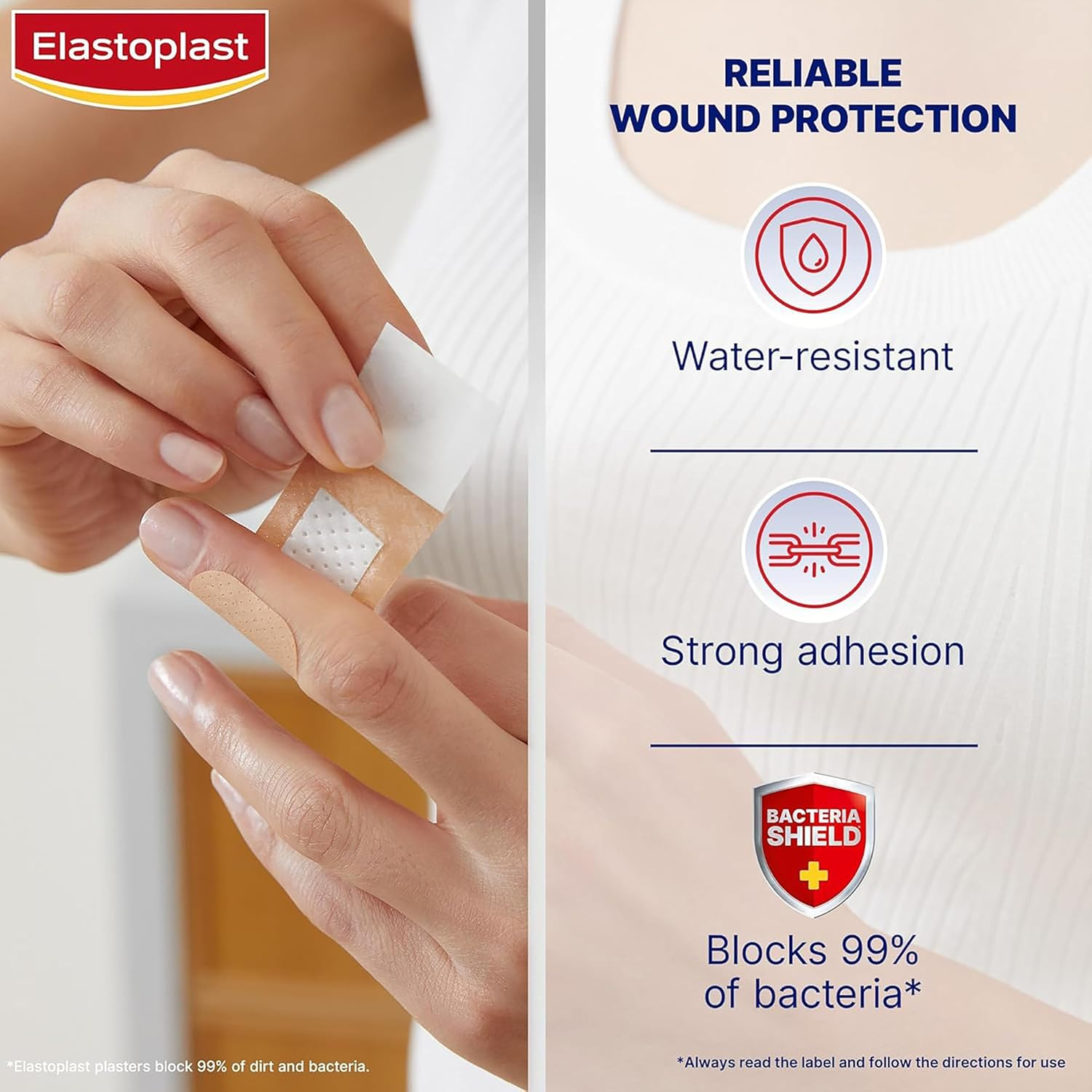 Elastoplast Flexible Fabric Plasters - Assorted Sizes (100 Pack) | Breathable & Water-Repellent Material | Protects Wounds from Dirt & Germs | Stretchy Adhesive Fabric Bandages | Ideal for Joints image number 1