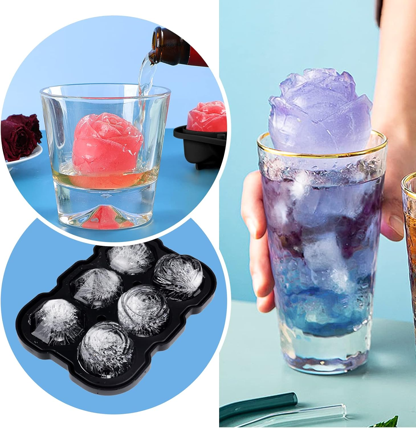 2 Inch Rose & Diamond Ice Cube Tray, 3 Cavity Silicone Rose & Diamond Ice Ball Maker, Easy Release Large Ice Cube Form for Chilled Cocktails, Whiskey, Black, 1 Piece image number 4