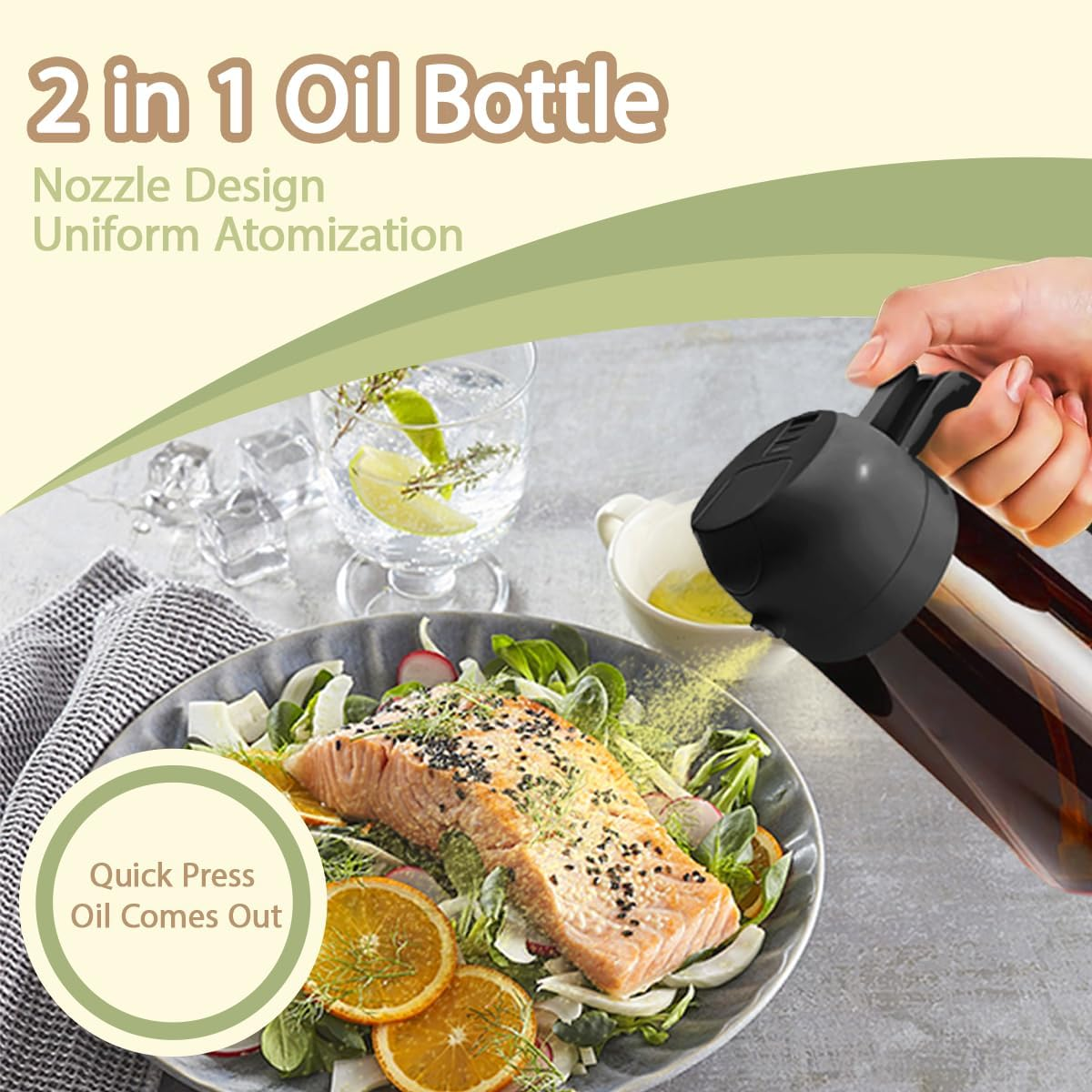 Blissify 2 Pack Oil Spray Bottle Dark Glass, 2 in 1 Olive Oil Dispenser and Oil Sprayer for Cooking, Light-Blocking Amber Oil Mister with Brush Labels for Kitchen, Salad, Frying, BBQ (White & Brown) image number 5