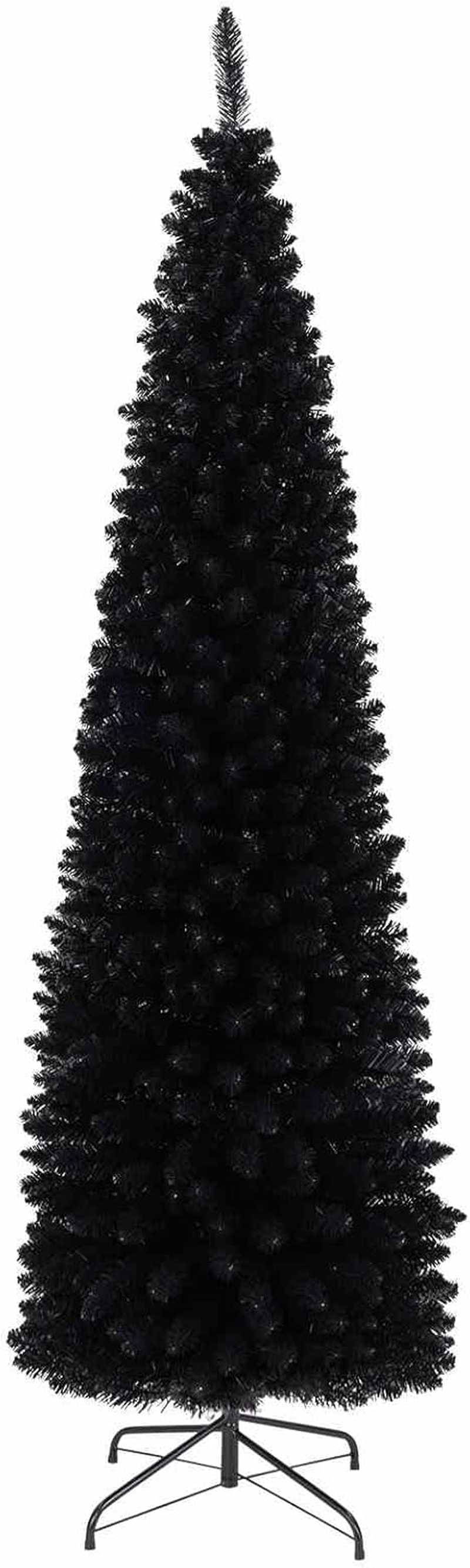 Costway 180 CM Black Artificial Halloween Christmas Tree, Slim Pencil Black Tree W/ 460 Branch Tips, Foldable Metal Stand, Corner Xmas Full Tree Carnival Decoration (180 Cm)
