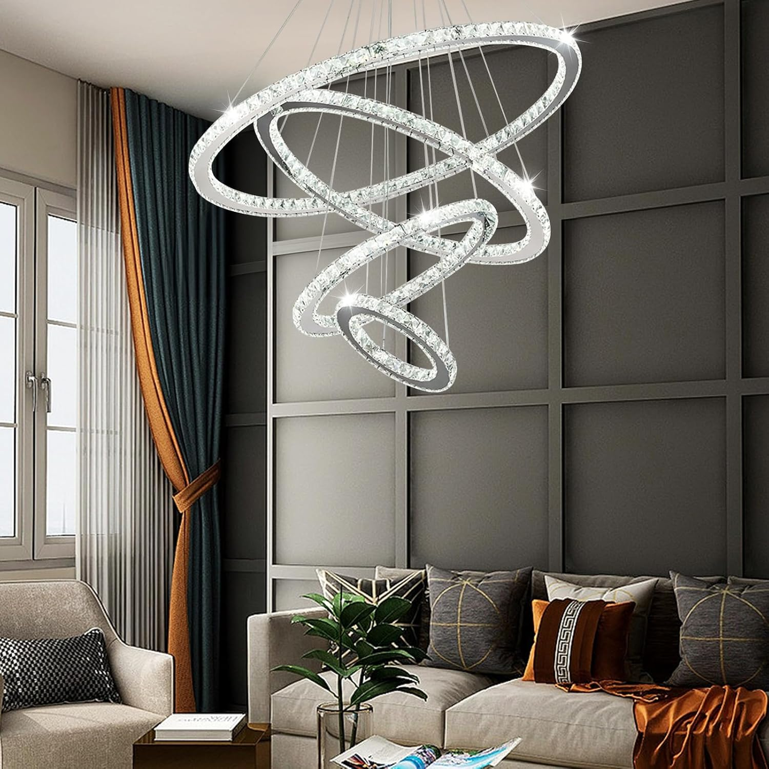 USOR LED Modern Crystal Chandeliers 3 Colors Dimmable Remote K9 Crystal Flush Mount Ceiling Light Fixture 4 Rings Pendant Light Fixture for Bedroom Living Room Dining Room Kitchen Entryway