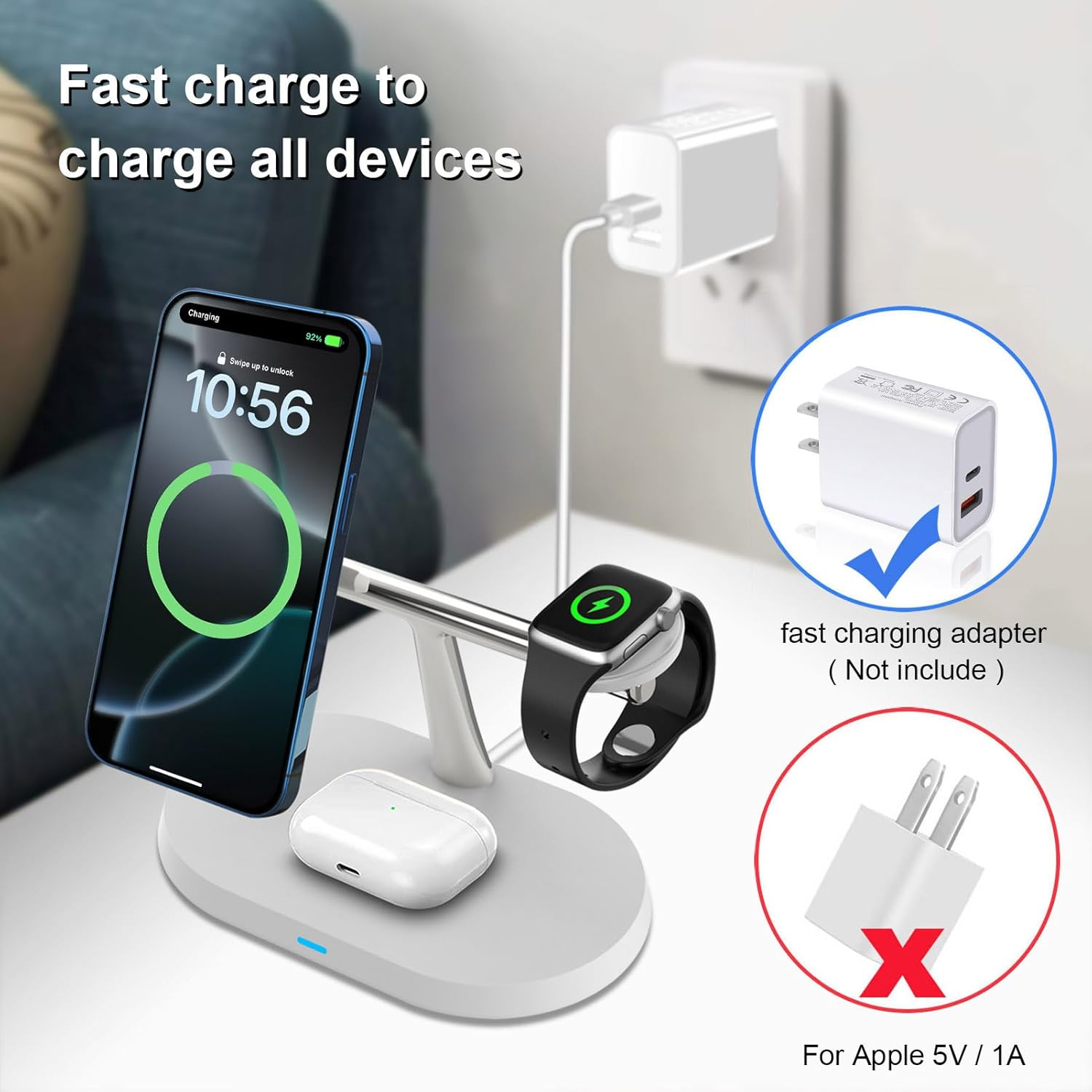 VNBBT 3 in 1 Magnetic Wireless Charging Station, 15W Fast Wireless Charger Stand Compatible Mag-Safe Charge for Iphone 17 16 15 14 13 12 Pro Max/Plus/Mini,Air Pods,Apple Watch Series,White image number 4