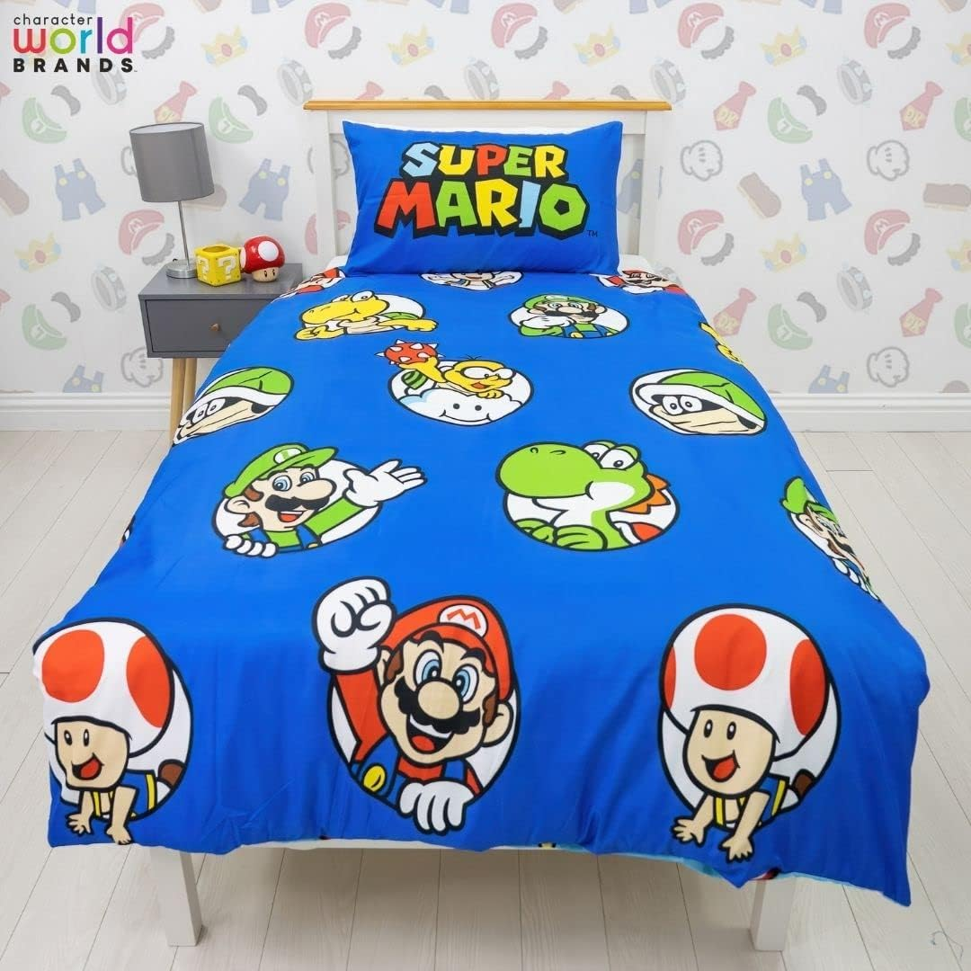 Nintendo Super Mario Official Single Duvet Cover Set, Continue Design | Blue Reversible 2 Sided Bedding Cover Official Merchandise Including Matching Pillow Case image number 3