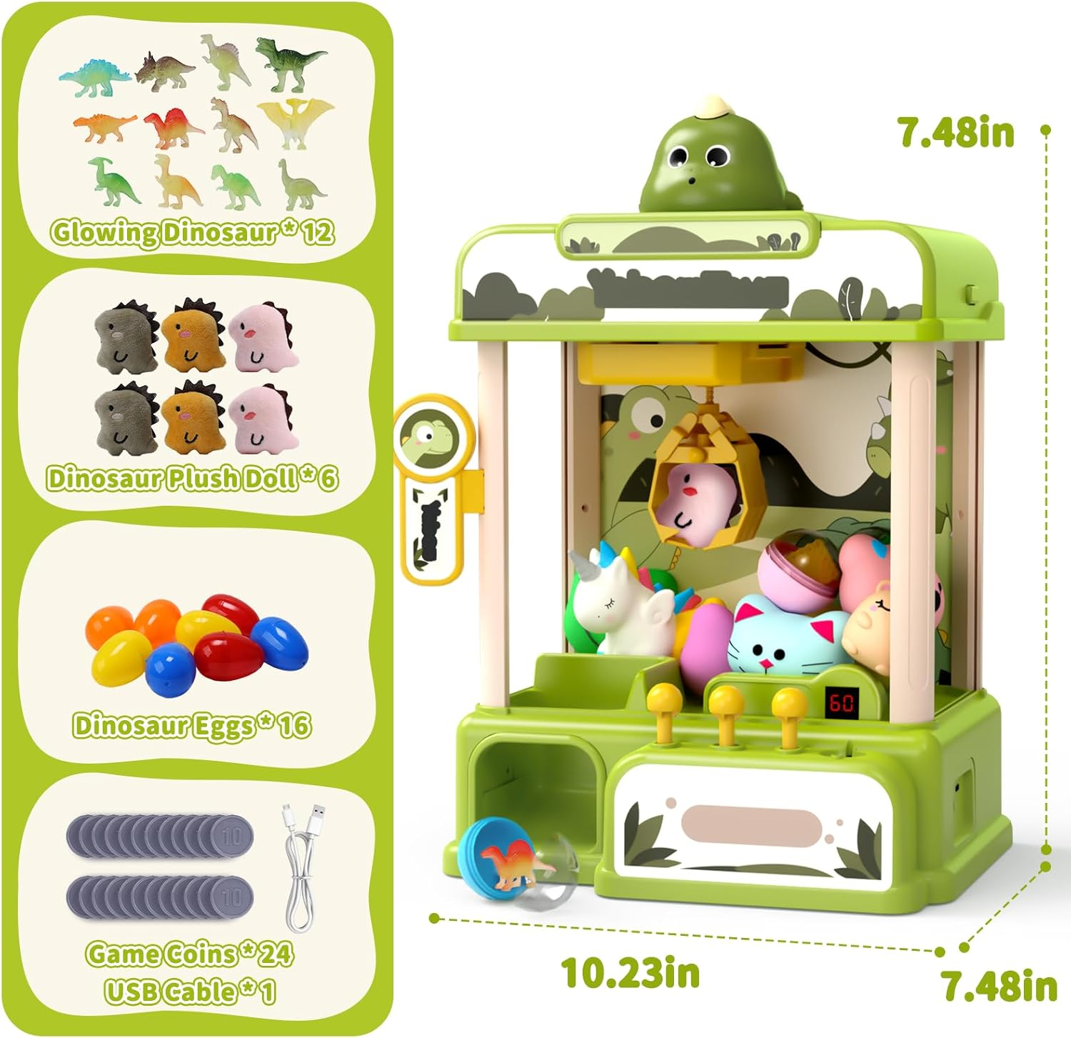 Skirfy Dinosaur Claw Machines for Kids,Electronic Arcade Game Vending Machine Toys with 34 Dinosaur Toys & Sound,Candy Dispenser Machine, Thanksgiving Birthday Gifts for Girls Boys image number 1
