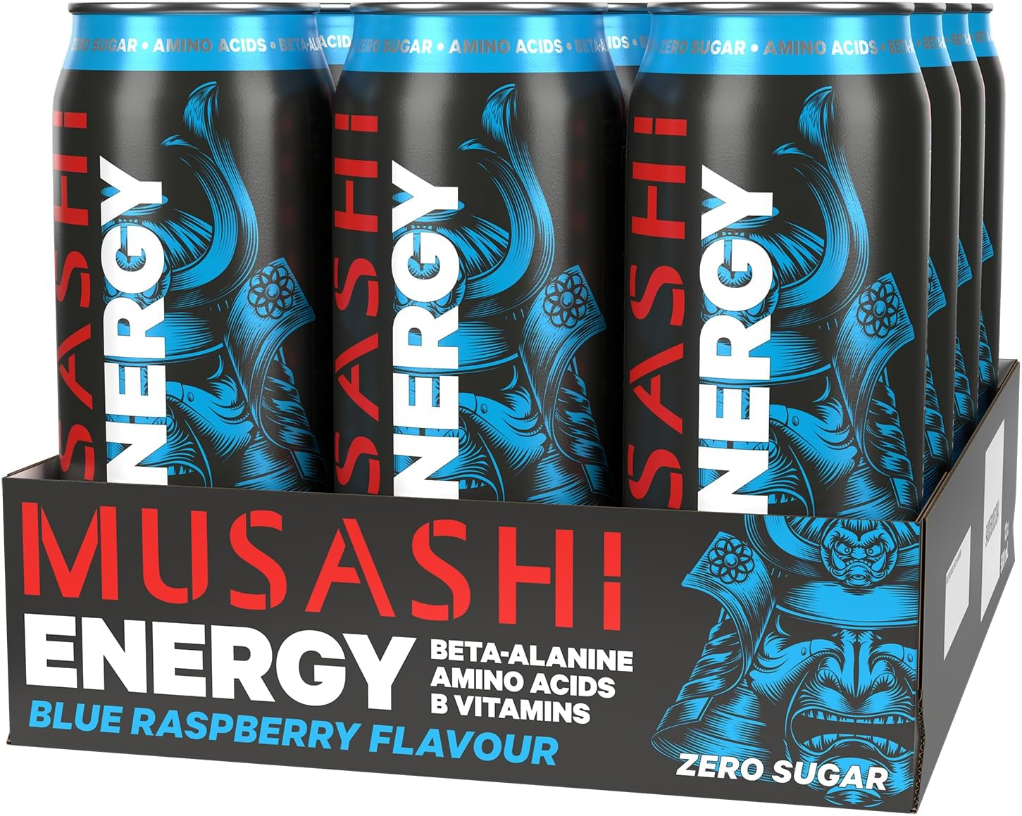 Musashi Energy Drink, Blue Raspberry Flavour, 12 X 500Ml &ndash; Performance Energy with Caffeine, Bcaas & Zero Sugar