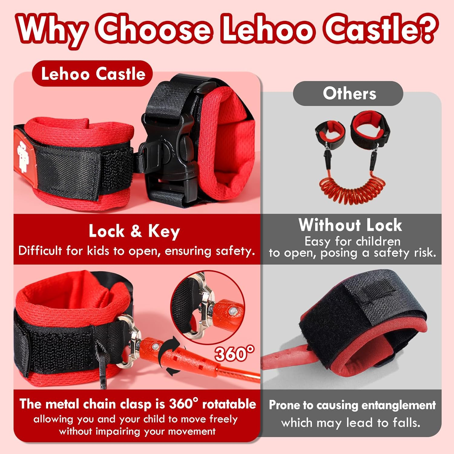 Lehoo Castle 4 in 1 anti Lost Wrist Link Safety Harness, Toddler Harness Leash for Kids, Adjustable Walking Strap, 360&deg; Rotation Baby Safety Harness with Lock (Red 01)