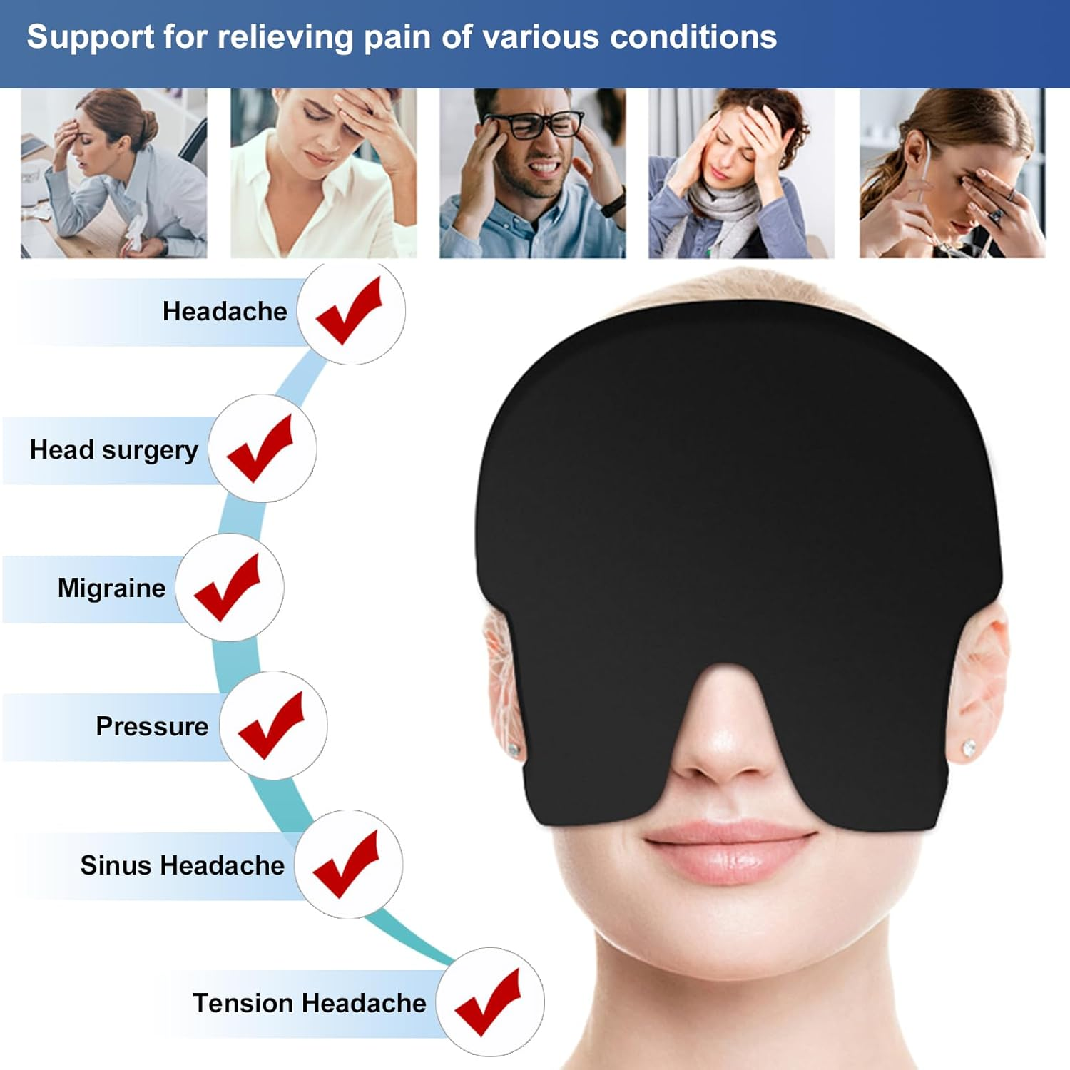 Migraine Cap with Exposed Ear Gel Ice Pack for Alleviating Headache, Puffy Eyes, Tension, Sinus, Stress, Cold and Hot Head Wrap for Easing Pain (Black) image number 2