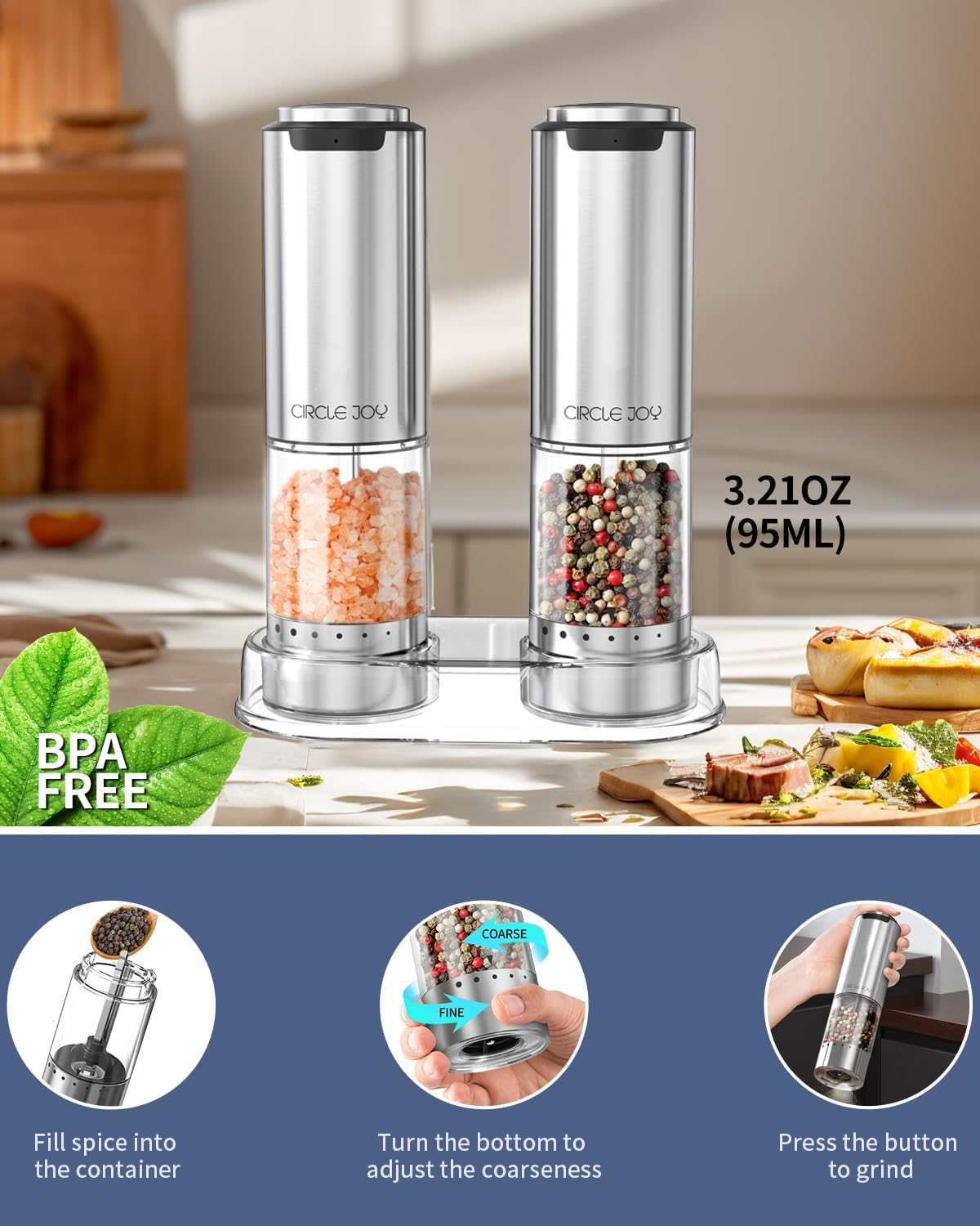CIRCLE JOY Electric Salt and Pepper Grinder Set Stainless Steel Rechargeable Salt Pepper Mill Set with External Adjustable Coarseness, Storage Base, White LED Light, USB Cable