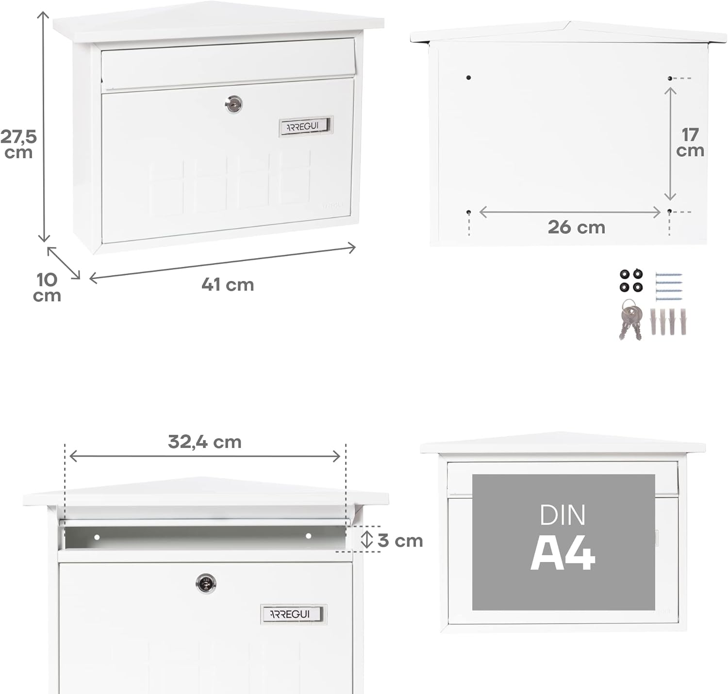 ARREGUI Deco E5701 Galvanised Steel Letterbox, Size M (DIN A4 Post), Horizontal Wall Letter Box for Outdoor Use, Post Box for Outdoor Use with Name Plate and Flap in White - White image number 4