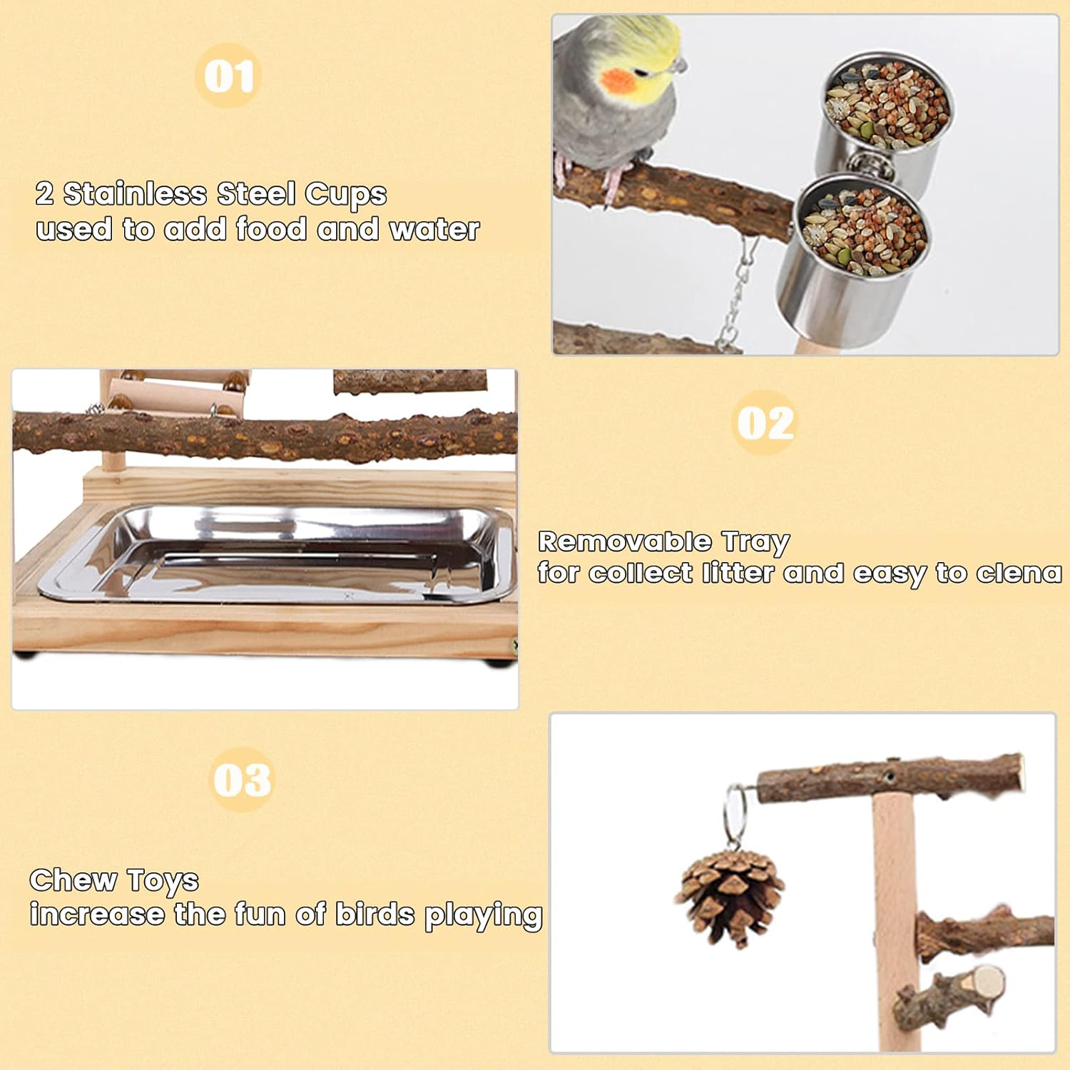 Wishesmar Bird Playground Parrot Play Stand with Feeder Cup Swing Climb Ladder and Tray Budgie Playground Cage Exercise Gym Toys for Parakeets Cockatiel, Wooden, Size about 17.7X14.6X10.2 in #A image number 5