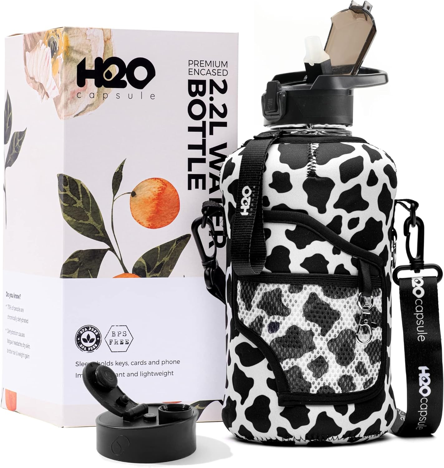 H2O Capsule 2.2L Half Gallon Water Bottle with Storage Sleeve and Removable Straw &ndash; BPA Free Large Reusable Drink Container with Handle - Big Sports Jug, 2.2 Liter (74 Ounce), Jet Black