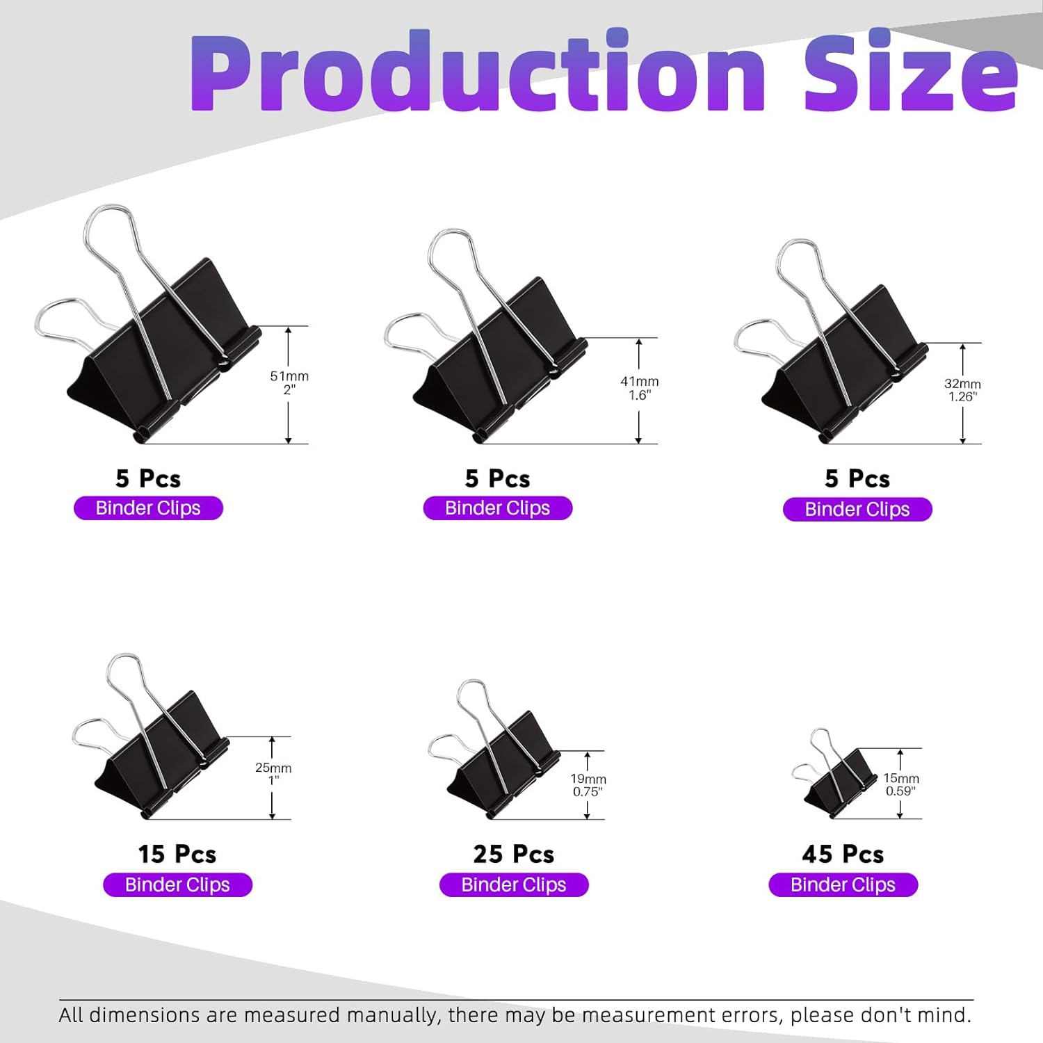 Swpeet 100Pcs Metal Black Binder Clips, Paper Clamps, Fold Back Clips, Paper Clamps Clips 6 Sizes X Large, Large, Medium, Small, X Small and Micro Use for Office, Home, School, Classroom image number 5