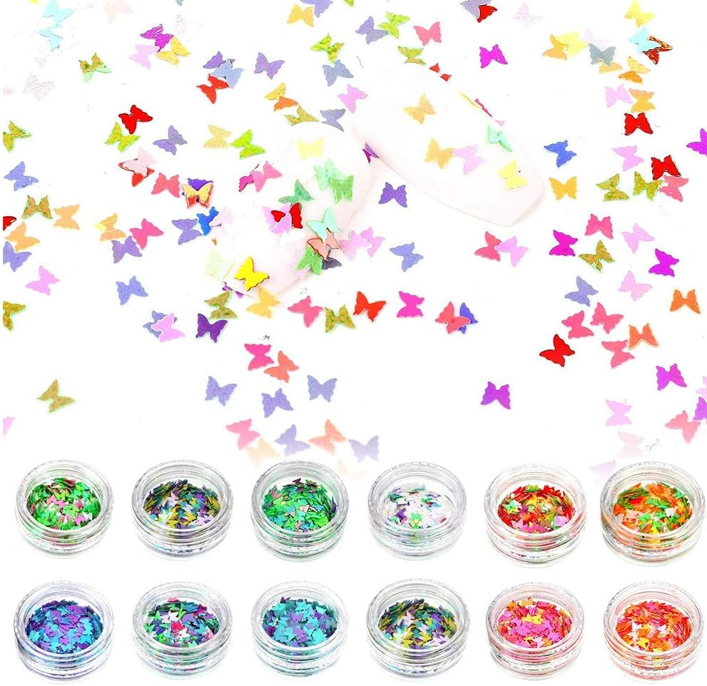 24 Boxes Holographic Butterfly Nail Sequins Nail Art Flakes Iridescent Paillette for Manicure Makeup Decorations