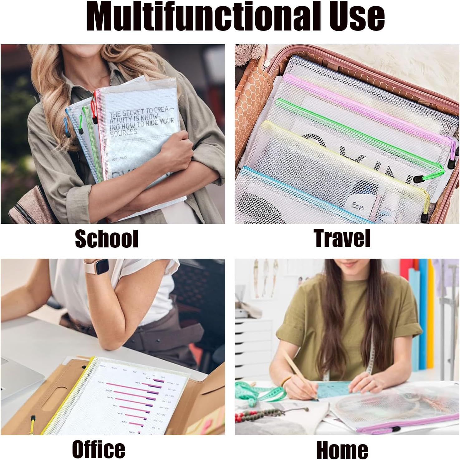 A4 Zipper File Bags, 24PCS Waterproof Plastic Mesh Zipper Pouch Document Bag, Waterproof Zip File Folders Wallets for School Office Travel Home Storage Receipts Storage image number 2