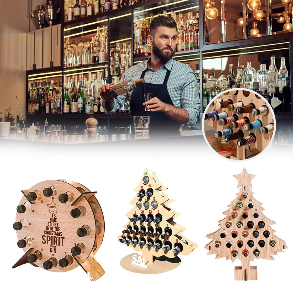Christmas Advent Calendar Countdown,24 Days Countdown Advent Calendar Decoration Wine Stand,Wooden Wine Bottle Christmas Tree Rack Wine Bottle Stand Decoration Gifts (Wood) image number 1
