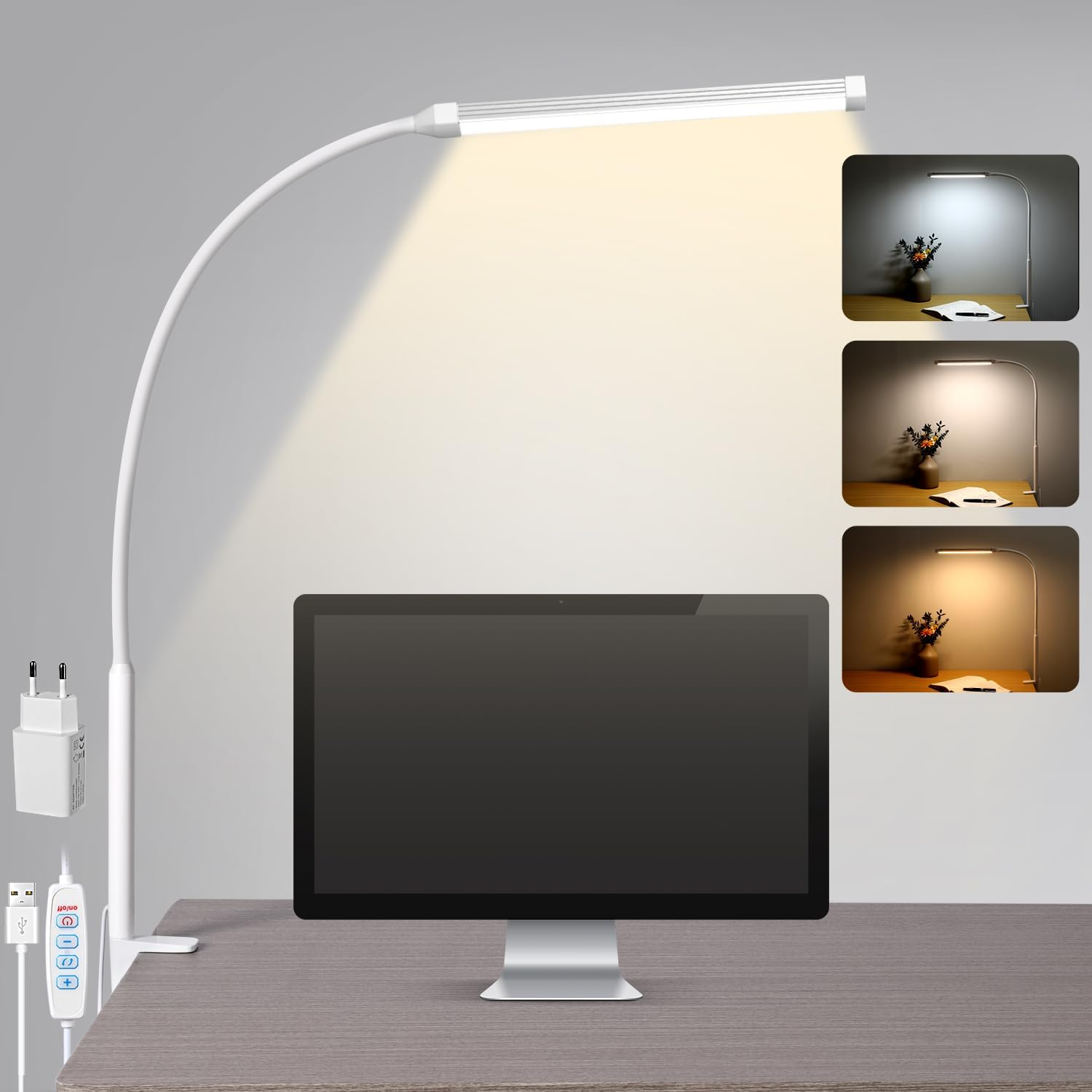 LIBORA LED Desk Lamp Clamp - 3 Color Modes and 10 Brightness Levels, Daylight, Eye Protection, Flexible Gooseneck Reading Lamp - 360&deg; Adjustable - White