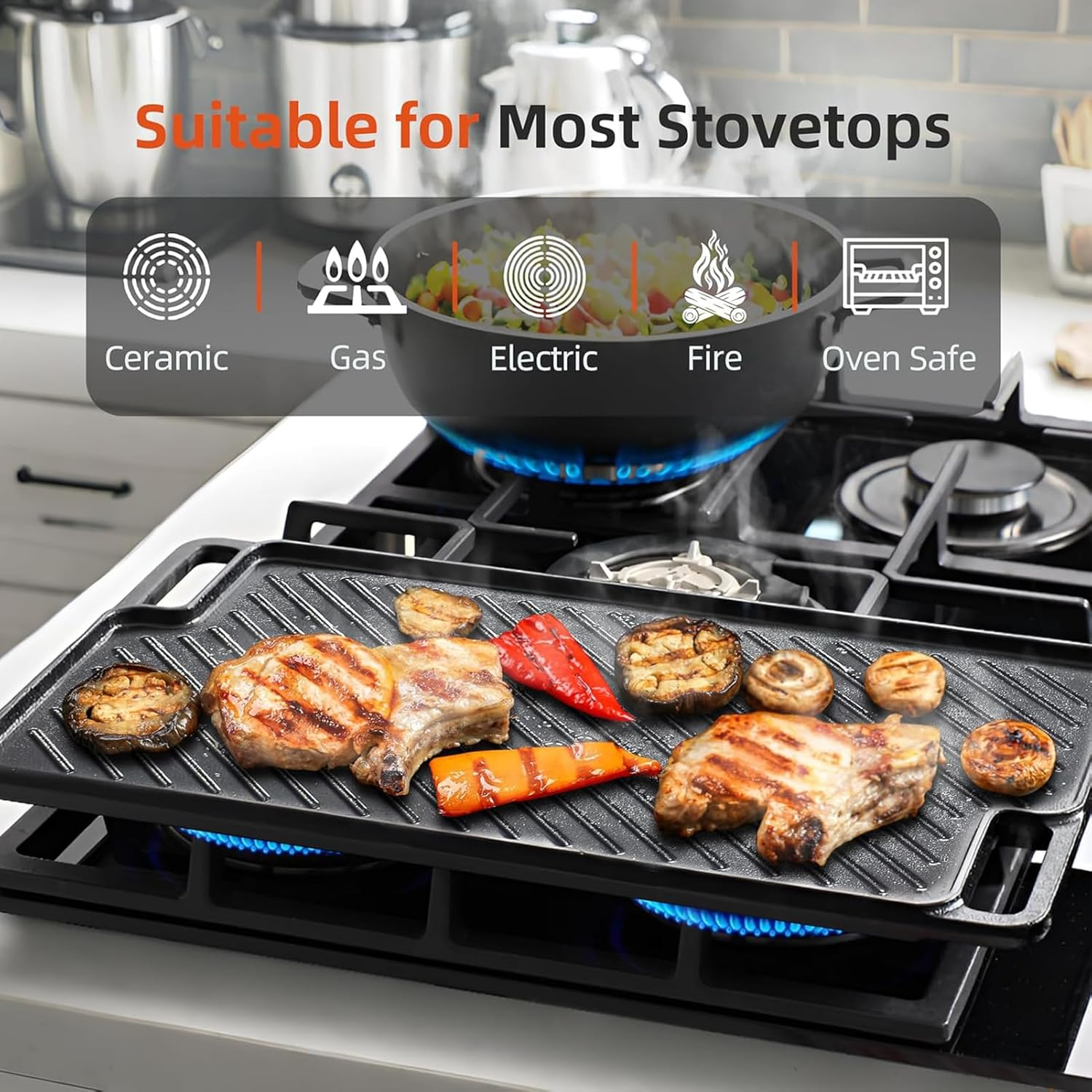 Aping Cast Iron Griddle, Nonstick Reversible Griddle Pan with Scraper & Mitts for Gas Grill, Cast Iron Griddle Plate for Gas Stove Top, Oven, Outdoor Grill or Campfire,18'' X 10.2''