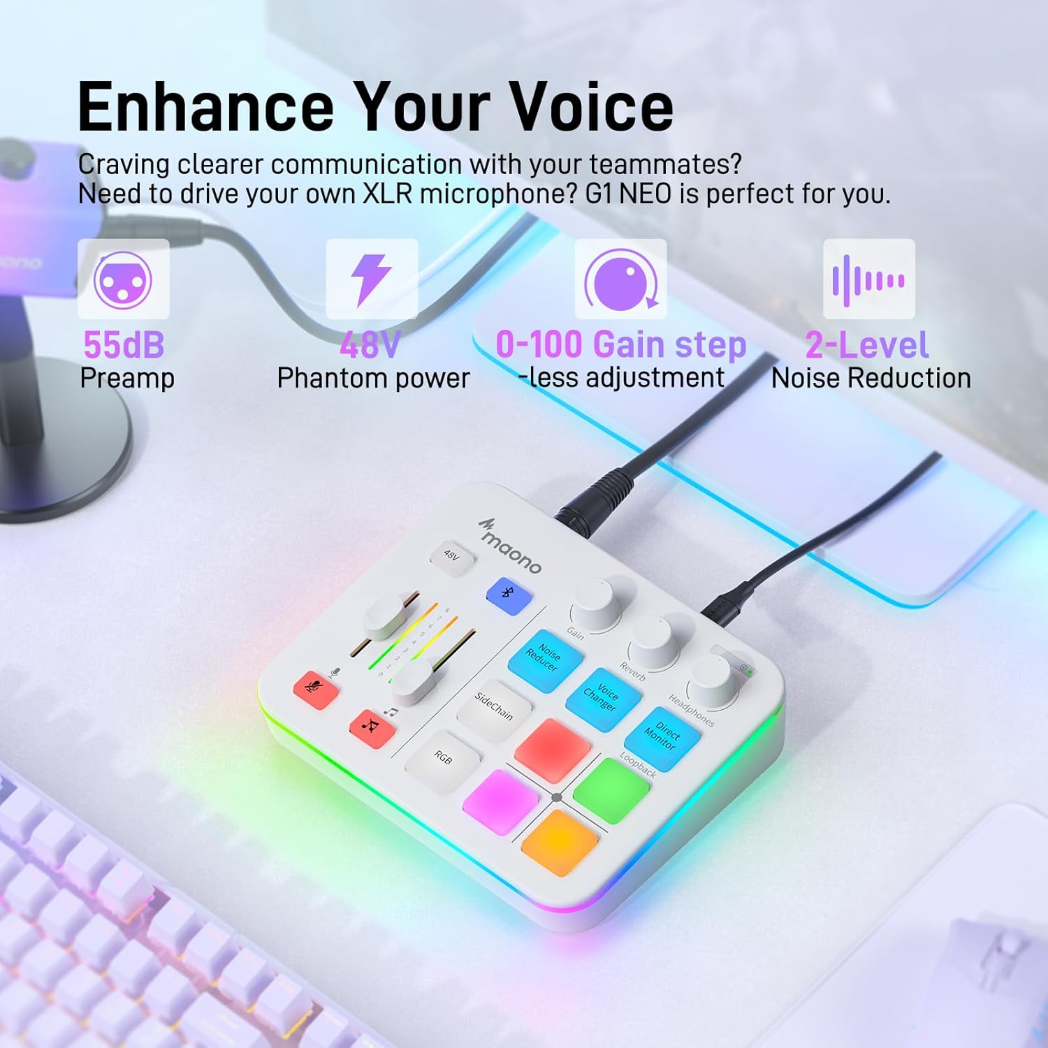 MAONO Gaming Audio Mixer, Audio Interface with Pro-Preamp, RGB, Bluetooth, 48V Phantom Power for Live Streaming, Podcasting, Content Create, Gaming Maonocaster G1 NEO (White) image number 4