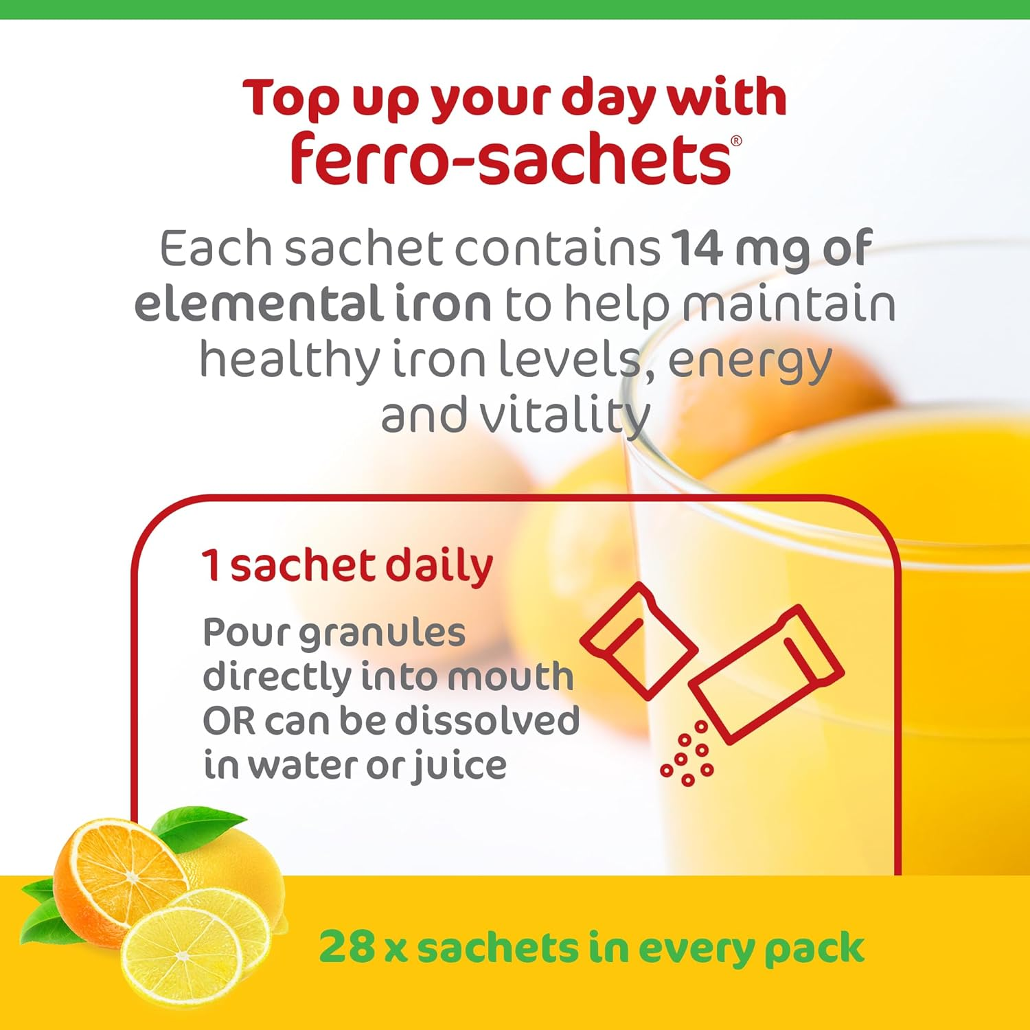 Ferro-Sachets Iron Supplement - Liposomal Iron Granules with Added Vitamin C, Folic Acid and Vitamin B12. Energy and Vitality. Adults. Kids. Vegan